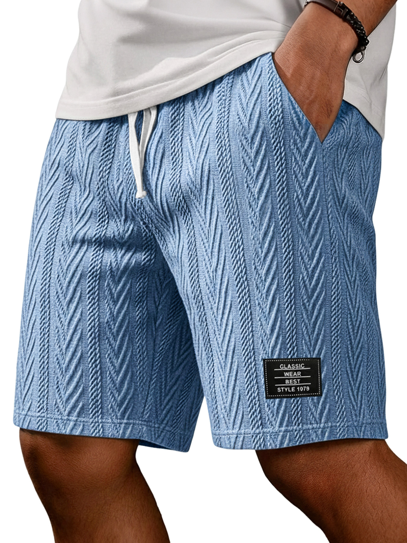 Men's Fashion Textured Embroidered Logo Casual Loose Shorts