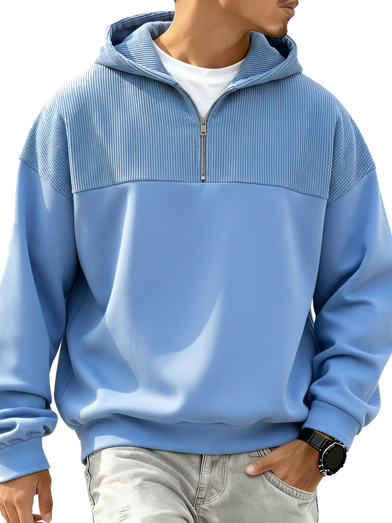Men's Fashion Casual Patchwork Ribbed Fabric Long-Sleeve Hooded Zipper Top