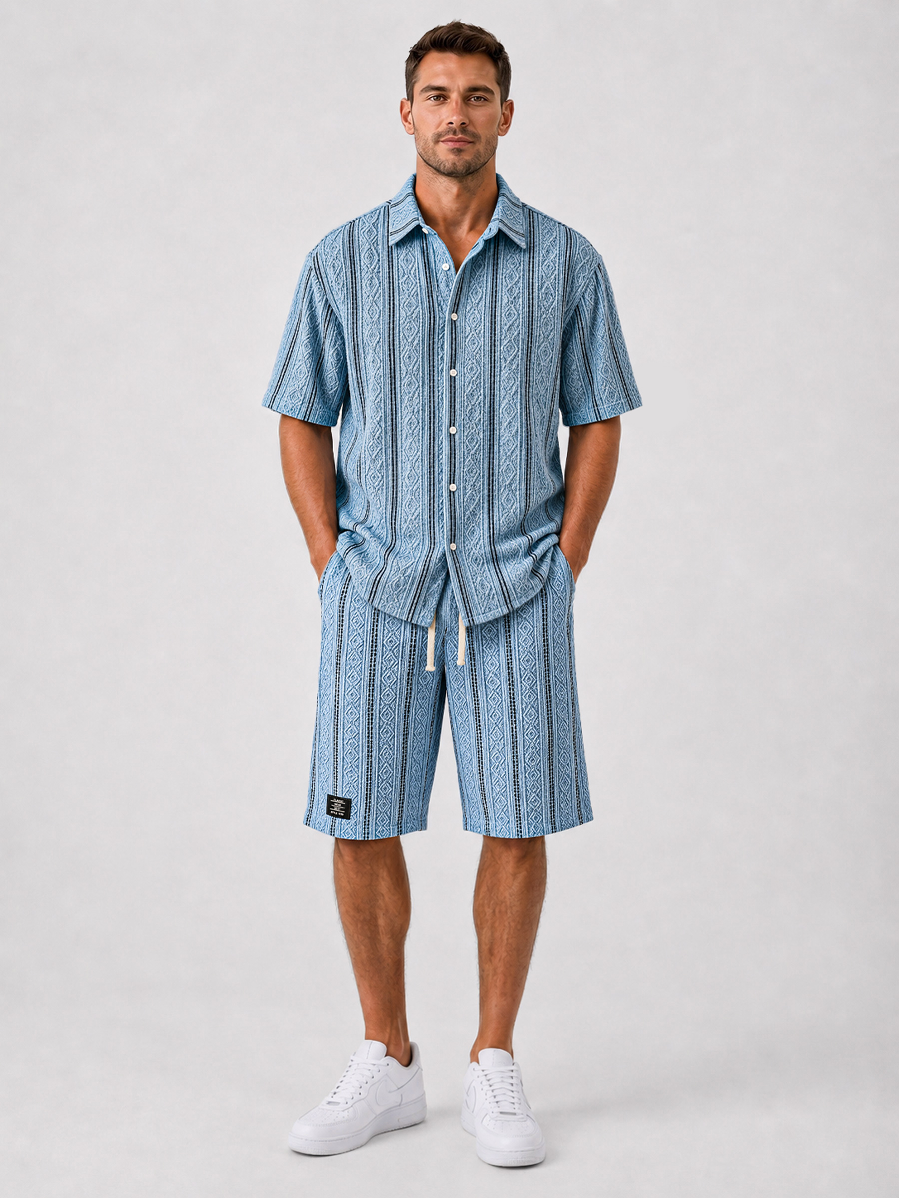 Men's Casual Jacquard Textured Solid Color Shirt and Shorts Two-Piece Set