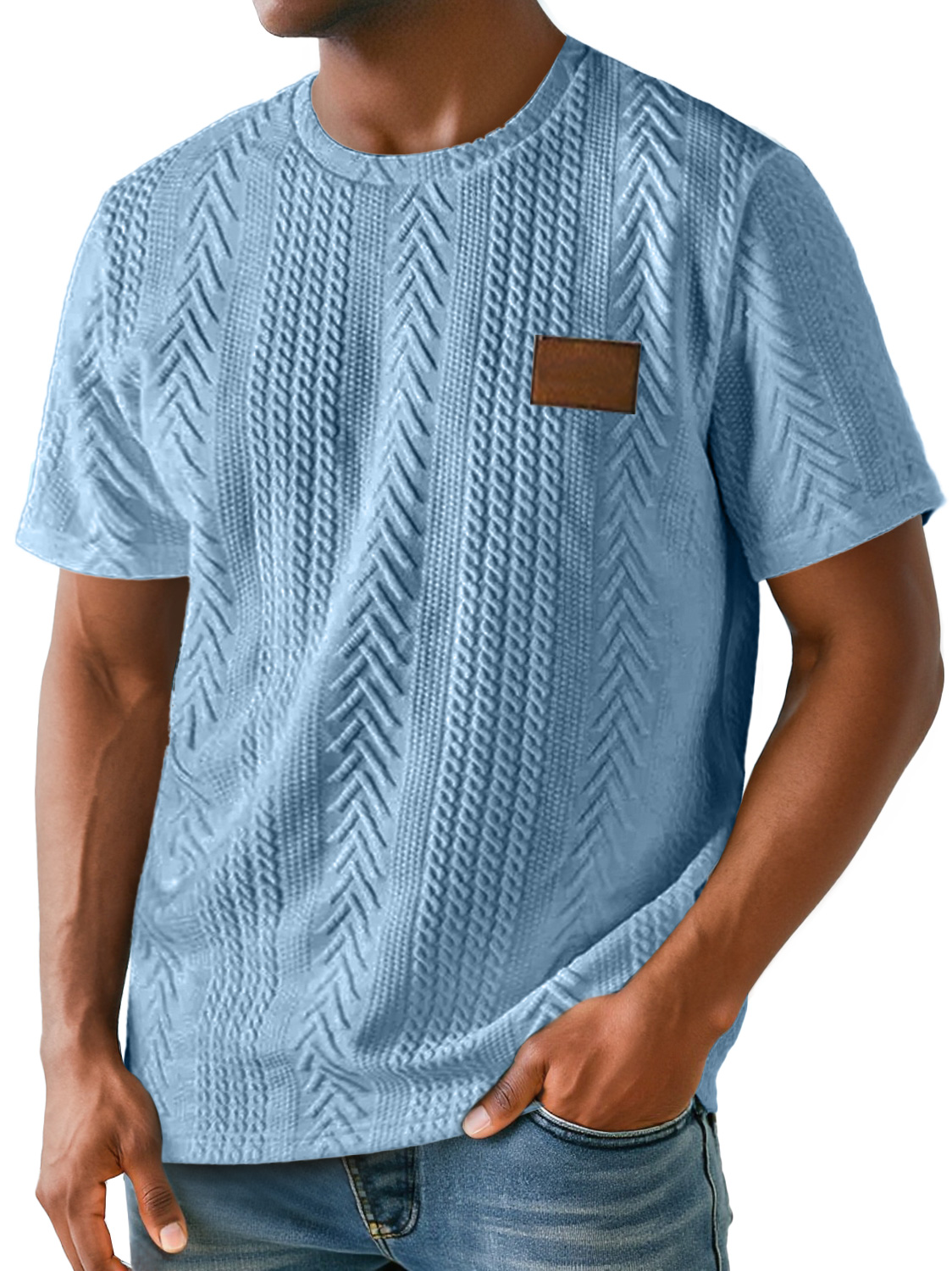 Men's Daily Round Neck Simple Texture Embroidered Label Casual Solid Color Short-sleeved T-shirt