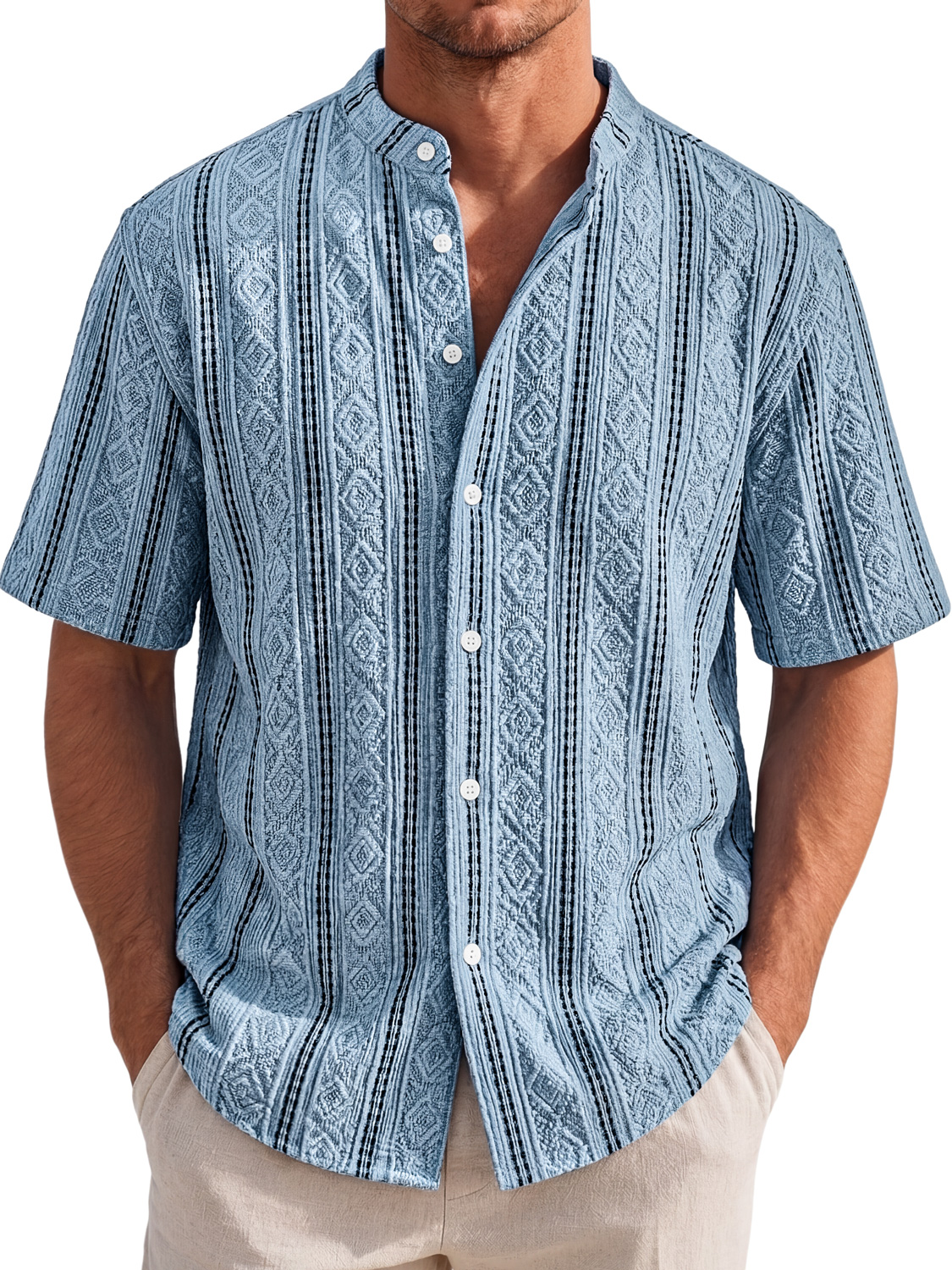 Men's Short-Sleeve Casual Shirt with Stand Collar and Textured Jacquard Finish
