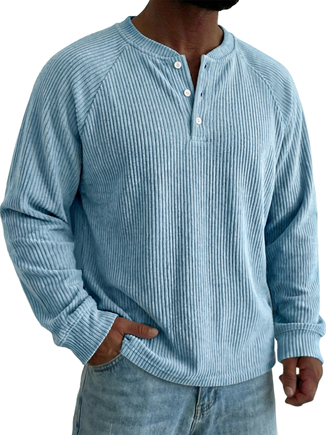 Men's Raglan Sleeve Corduroy Casual Solid Color Long-sleeved Henley Shirt