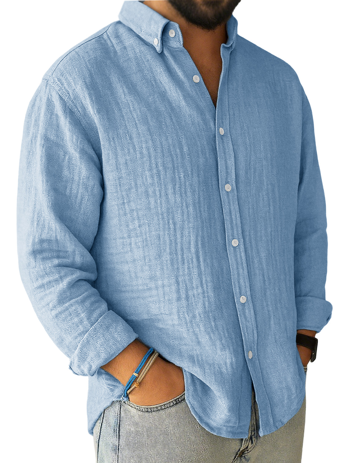Men's Casual Pleated Loose-fitting Long-sleeved Lapel Shirt