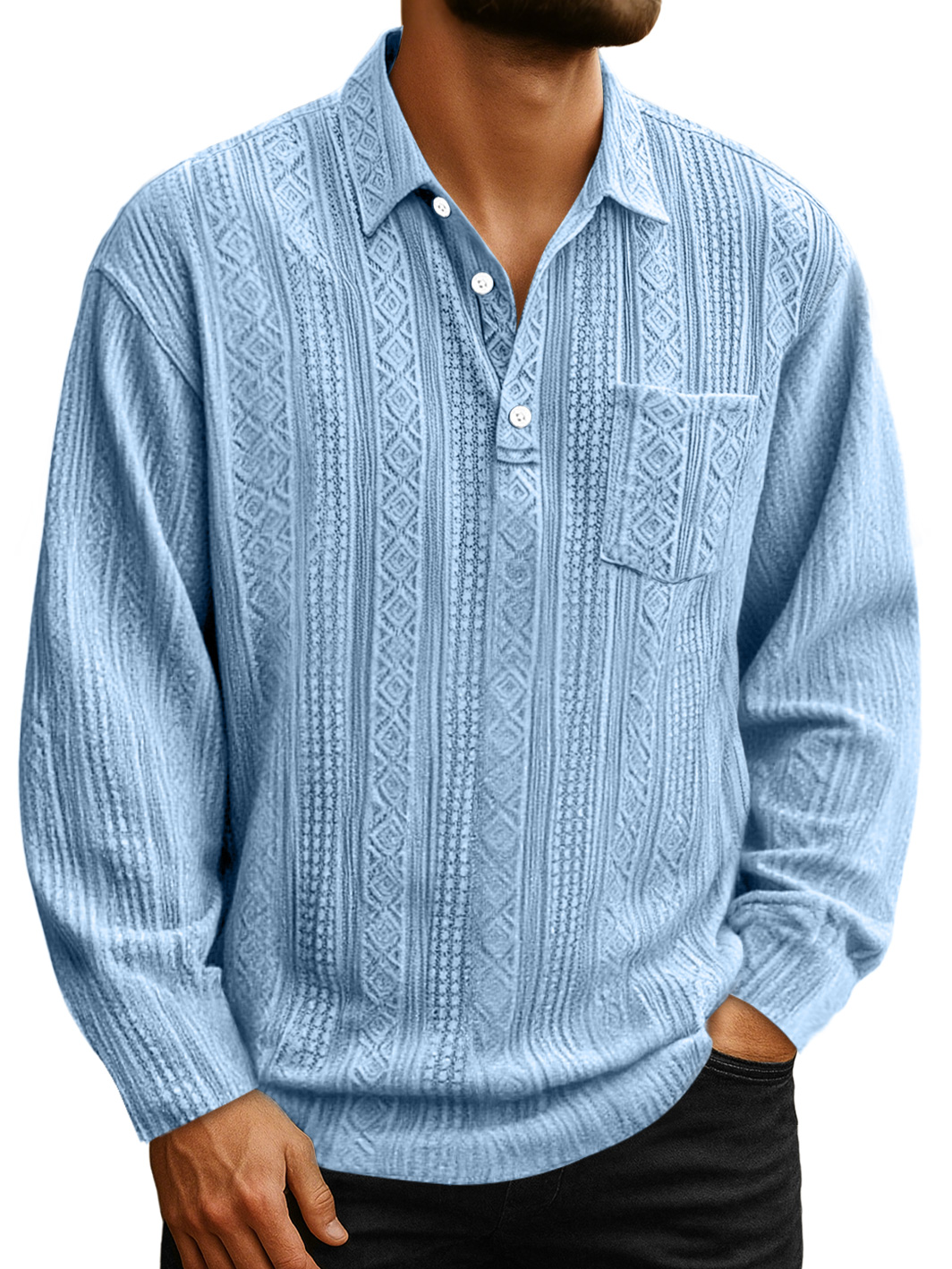 Men's Daily Jacquard Texture Lapel Button Casual Long-sleeved Polo Shirt