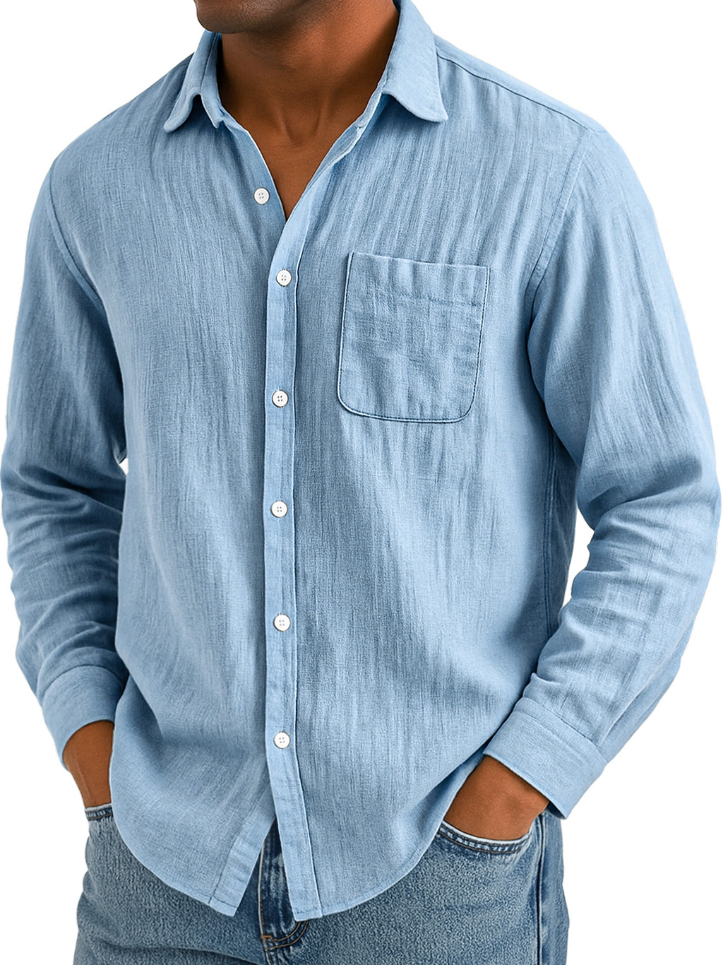 Men's Daily Casual Cotton And Linen Pocket Comfortable Long-sleeved Shirt
