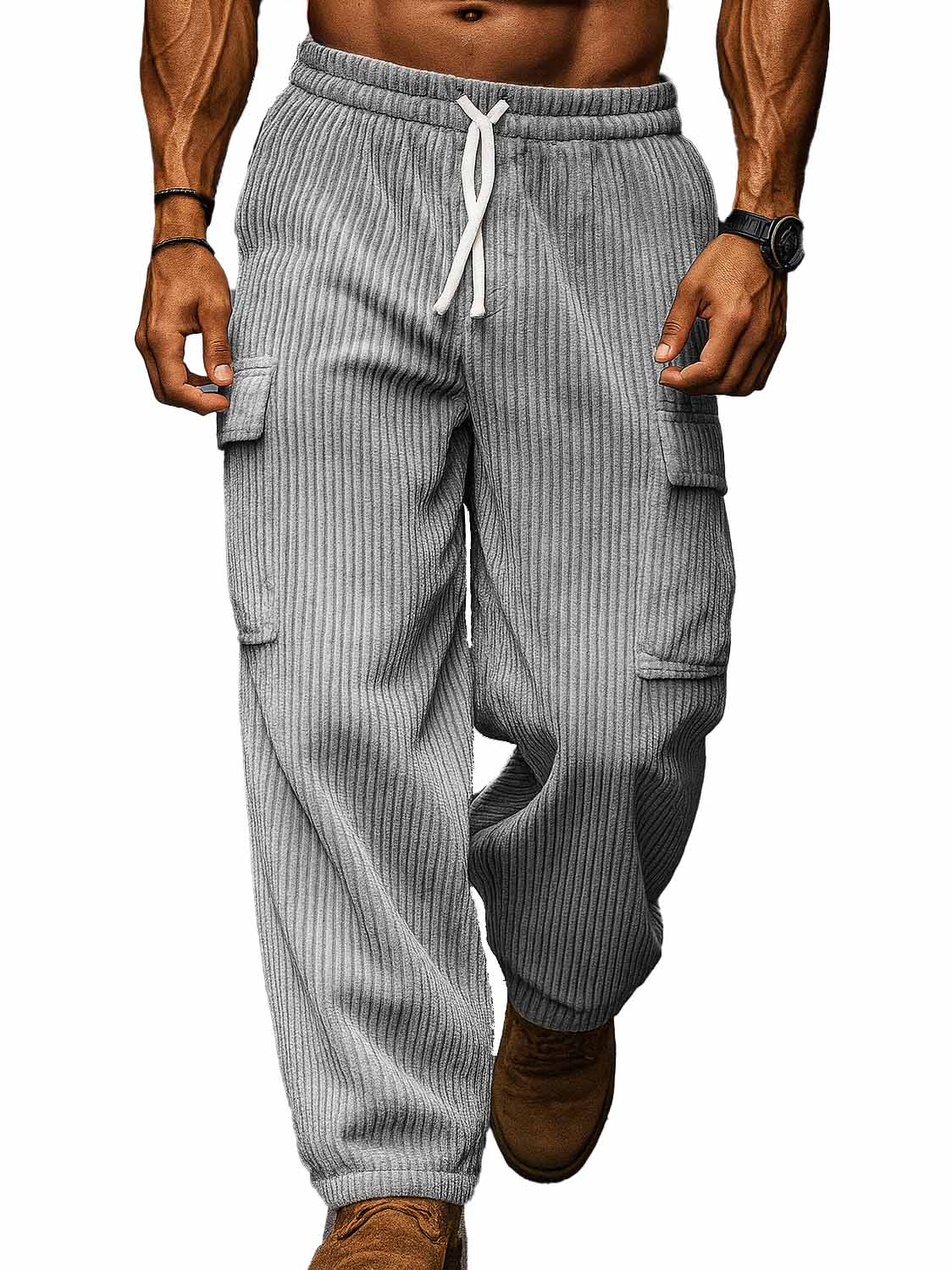 Men's Fashion Casual Workwear Pocket Corduroy Fabric Drawstring Loose Trousers