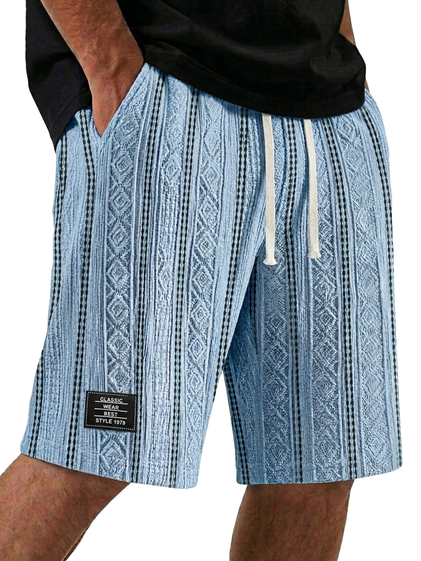 Men's Color-Blocked Textured Embroidered Logo Casual Loose Shorts
