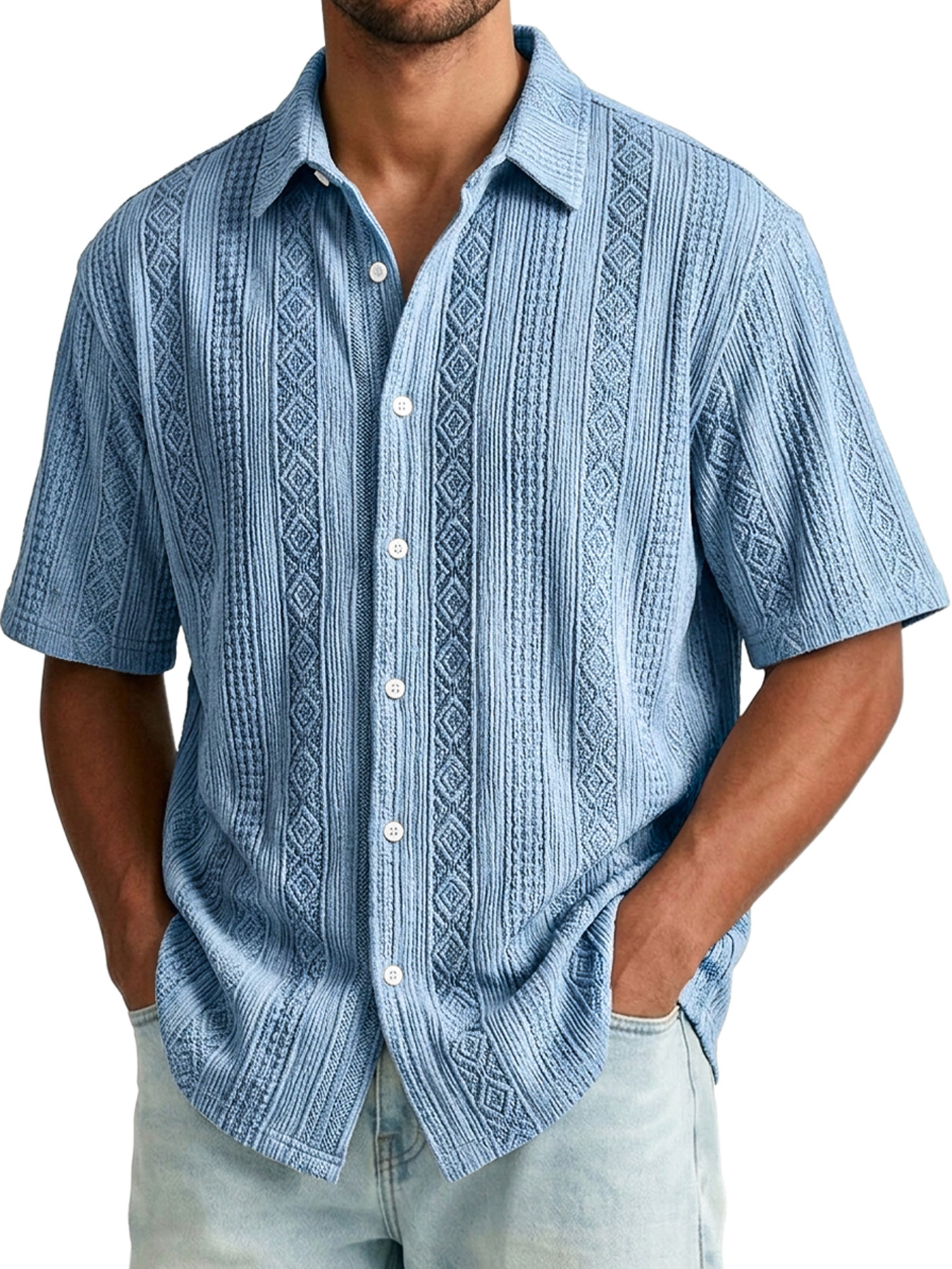 Men's Jacquard Textured Casual And Comfortable Short-sleeved Shirt