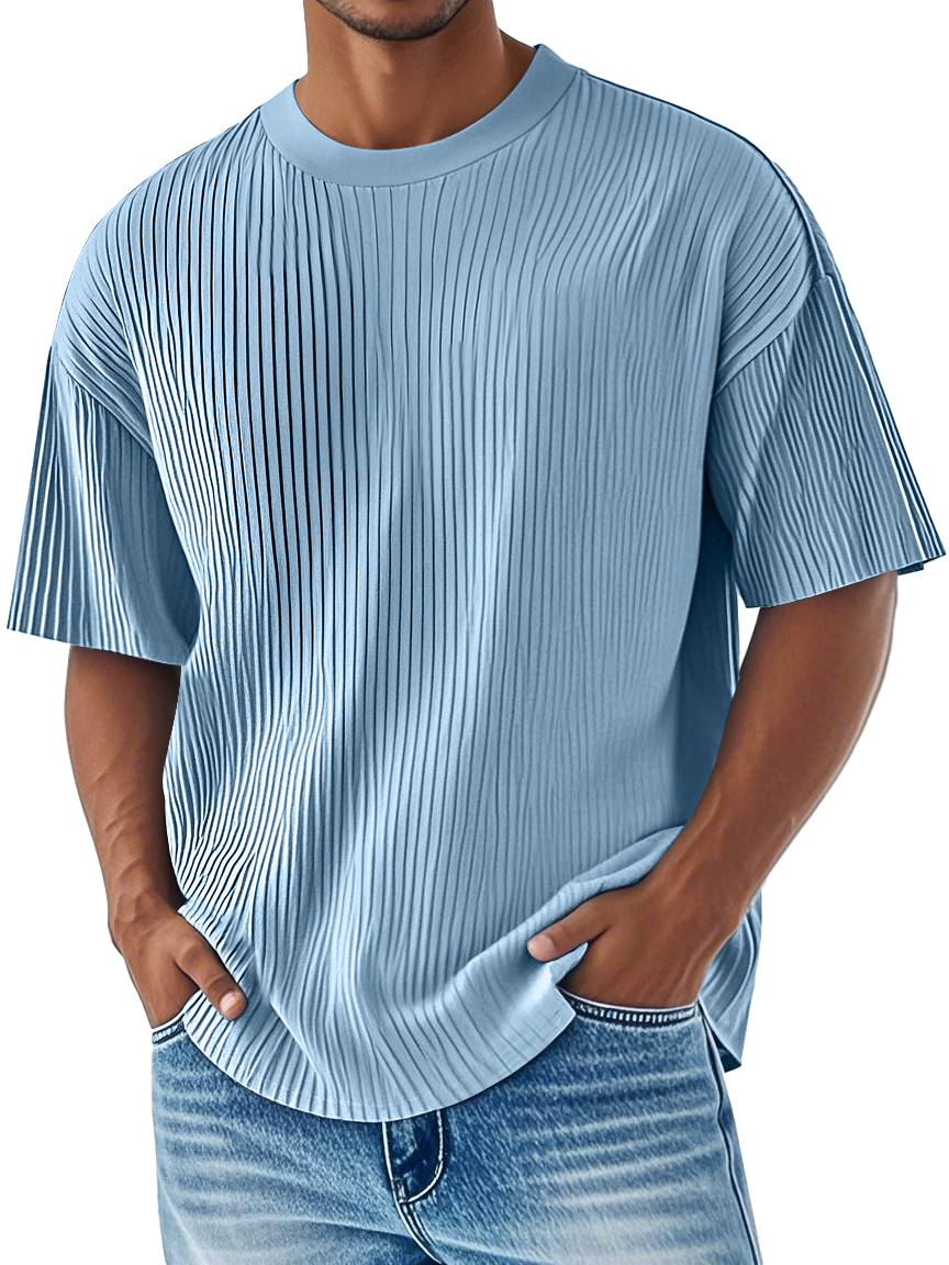 Men's Daily Ribbed Round Neck Casual Solid Color Comfortable Short-sleeved T-shirt