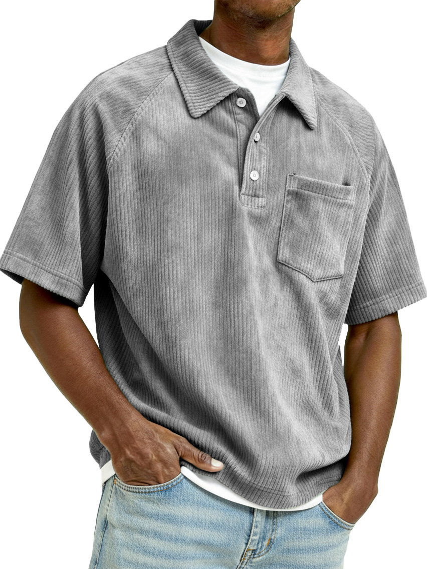 Men's Retro Raglan Corduroy Loose Pocket Short-Sleeve Polo Shirt