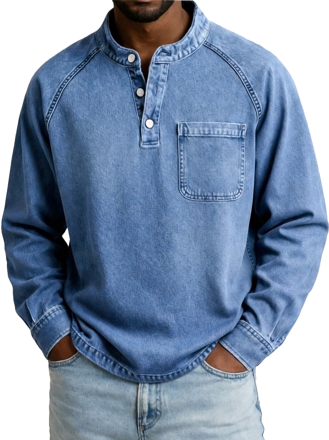 Men's Vintage Casual Raglan Sleeve Pocket Long-sleeved Henley Shirt