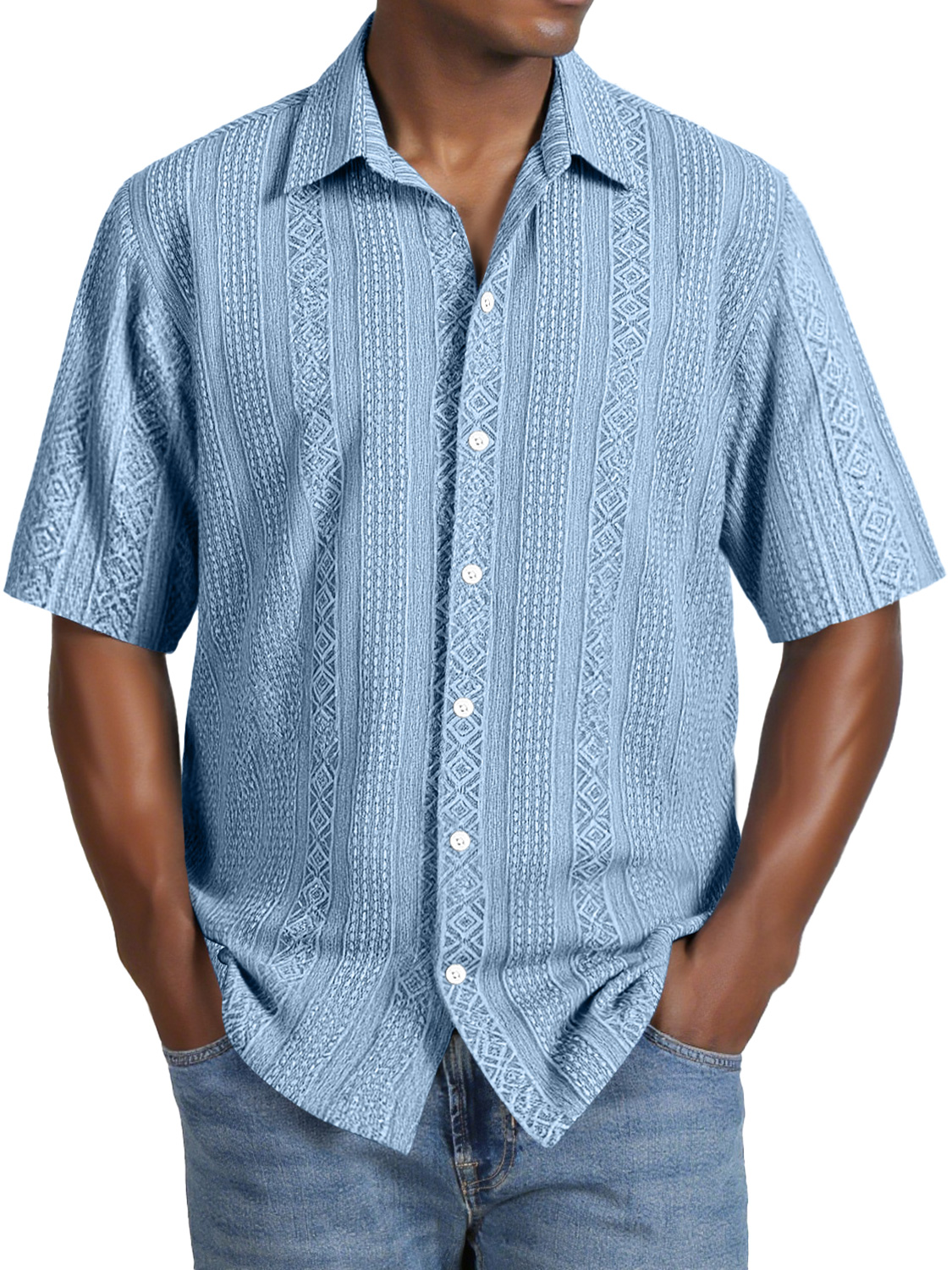 Men's Daily Casual Jacquard Texture Lapel Comfortable Short-sleeved Shirt