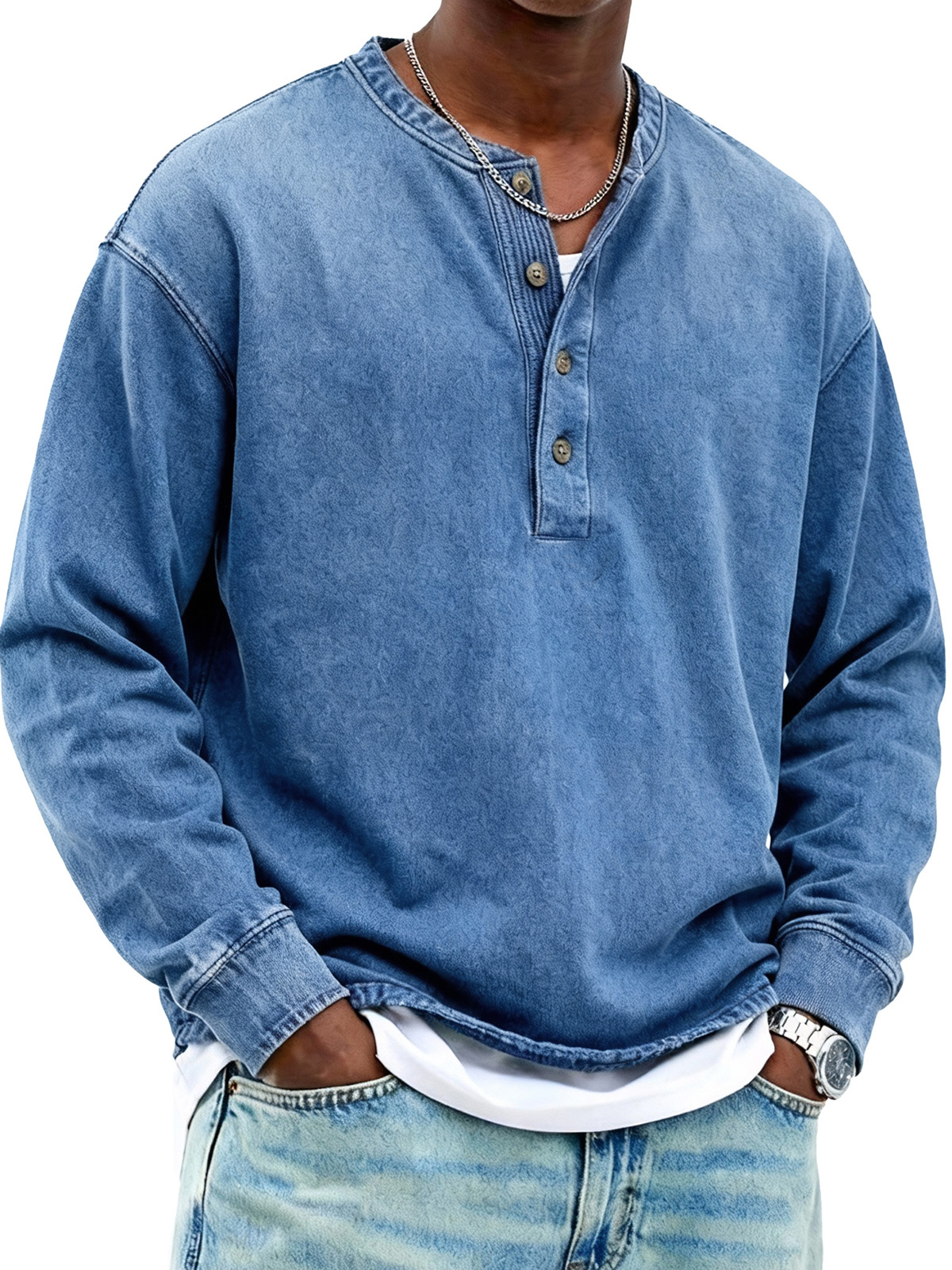 Men's Fashionable Retro Stand Collar Button-Up Long-Sleeved Henley Shirt