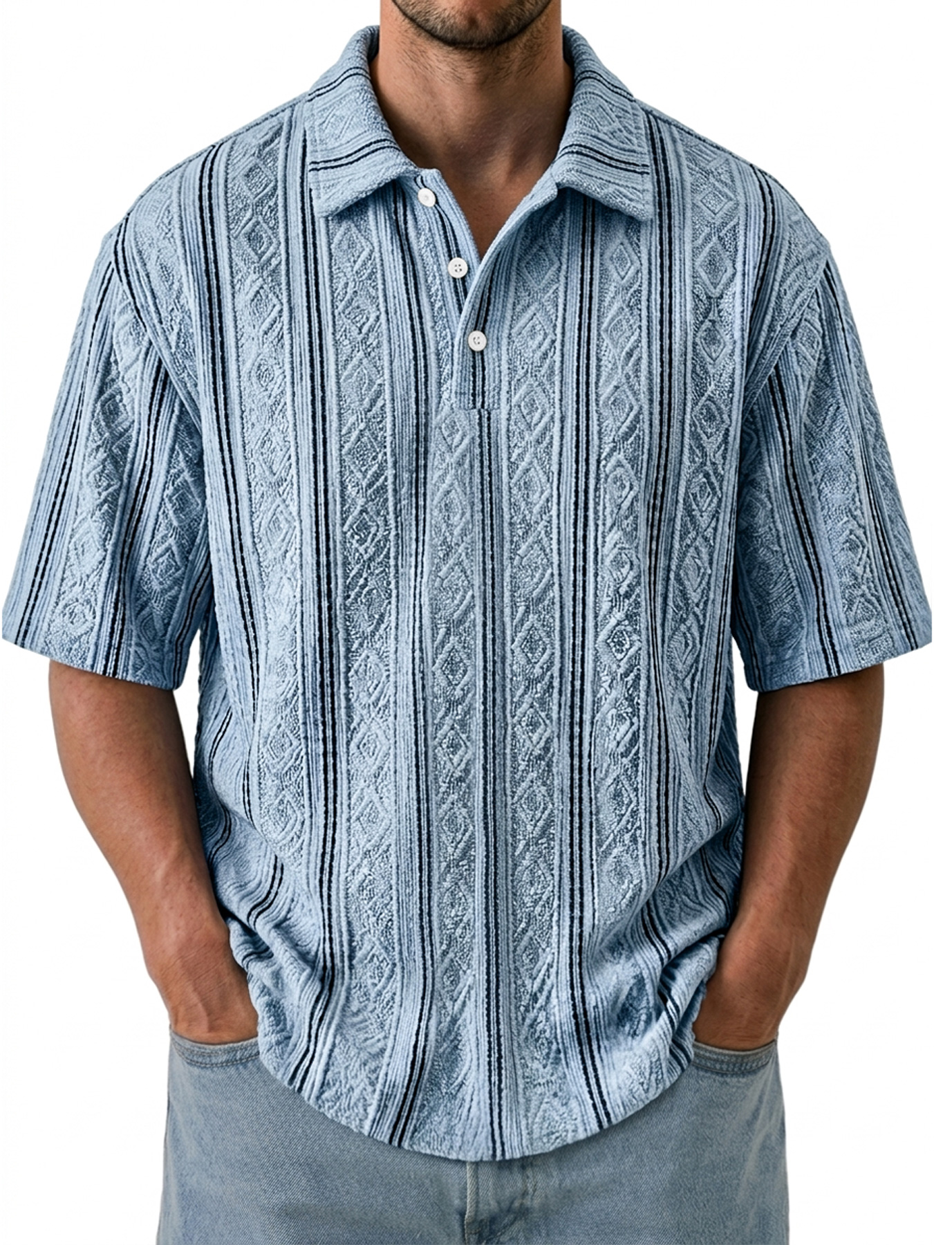 Men's Jacquard Textured Collar Button Casual Short-sleeved Polo Shirt