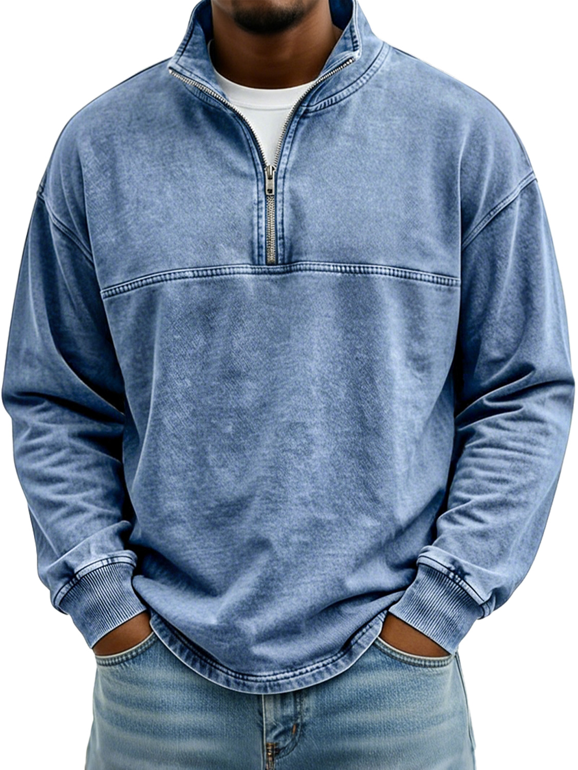 Men's Vintage Stand-collar Long-sleeved T-shirt With Zipper And Contrasting Stitching Design