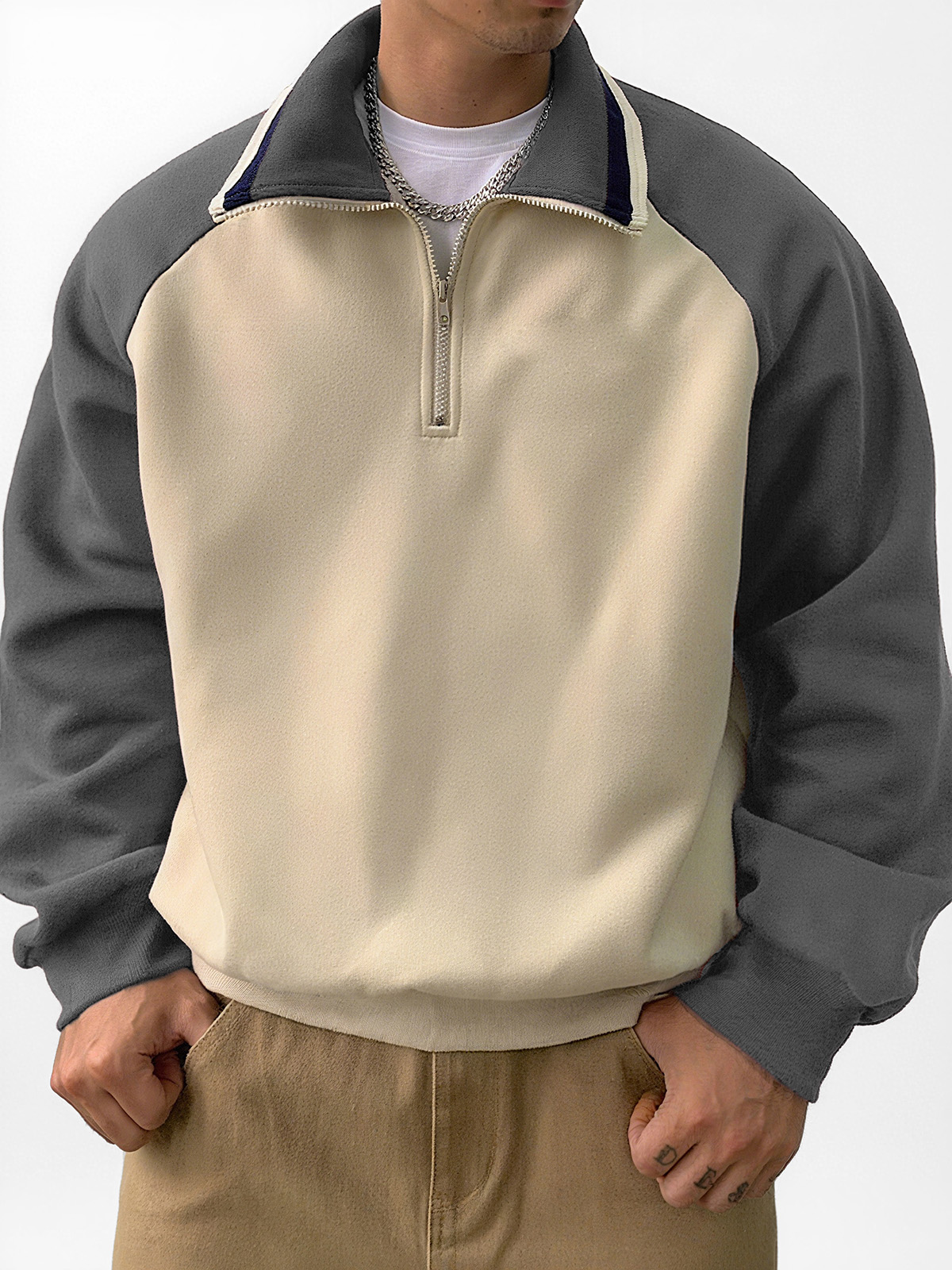Men's Stylish Retro Patchwork Zippered Loose-fitting Long-sleeved Sweatshirt