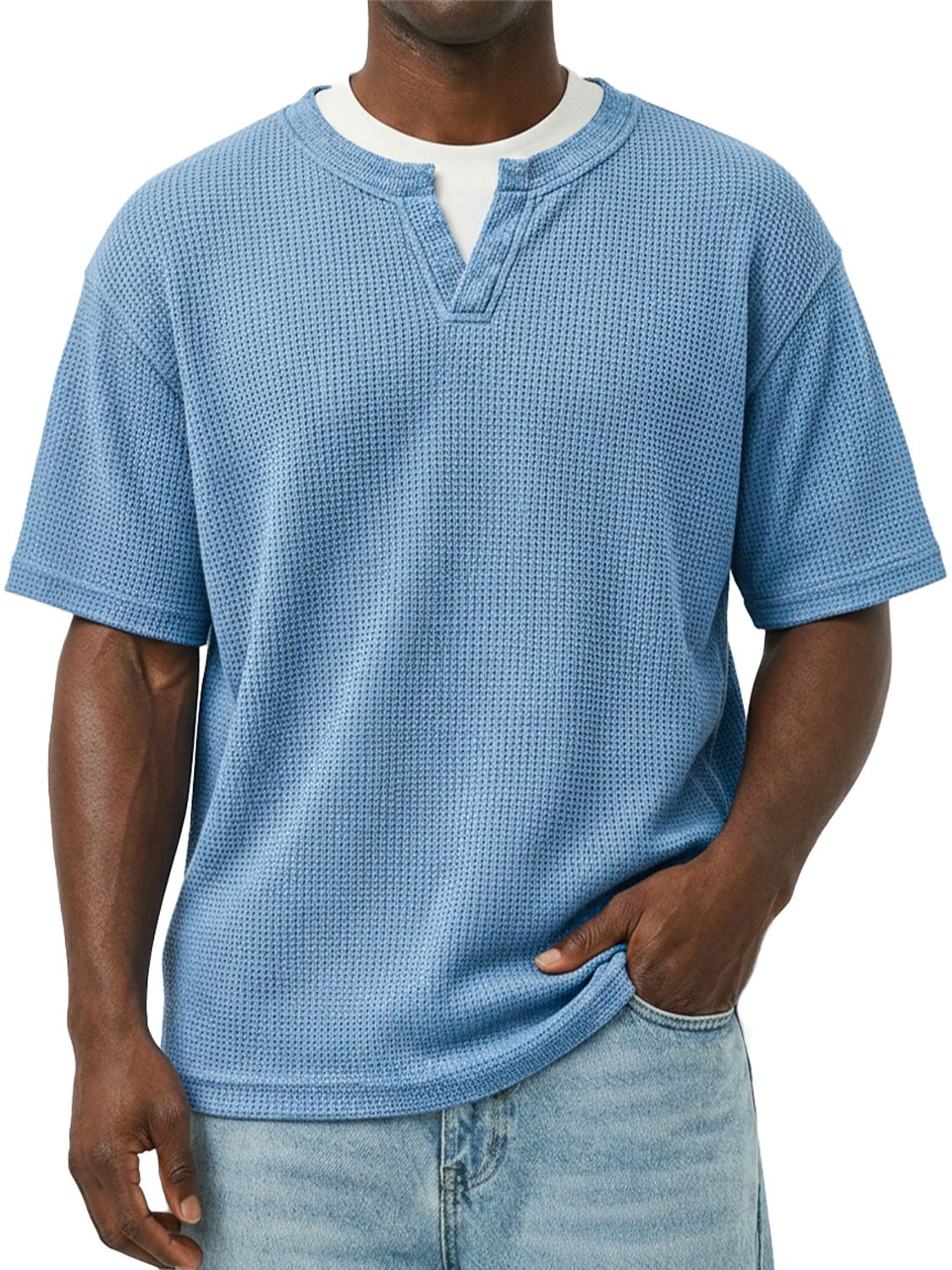 Men's Waffle-knit Double-layered Collar Faux Two-piece Casual Long-sleeved T-shirt