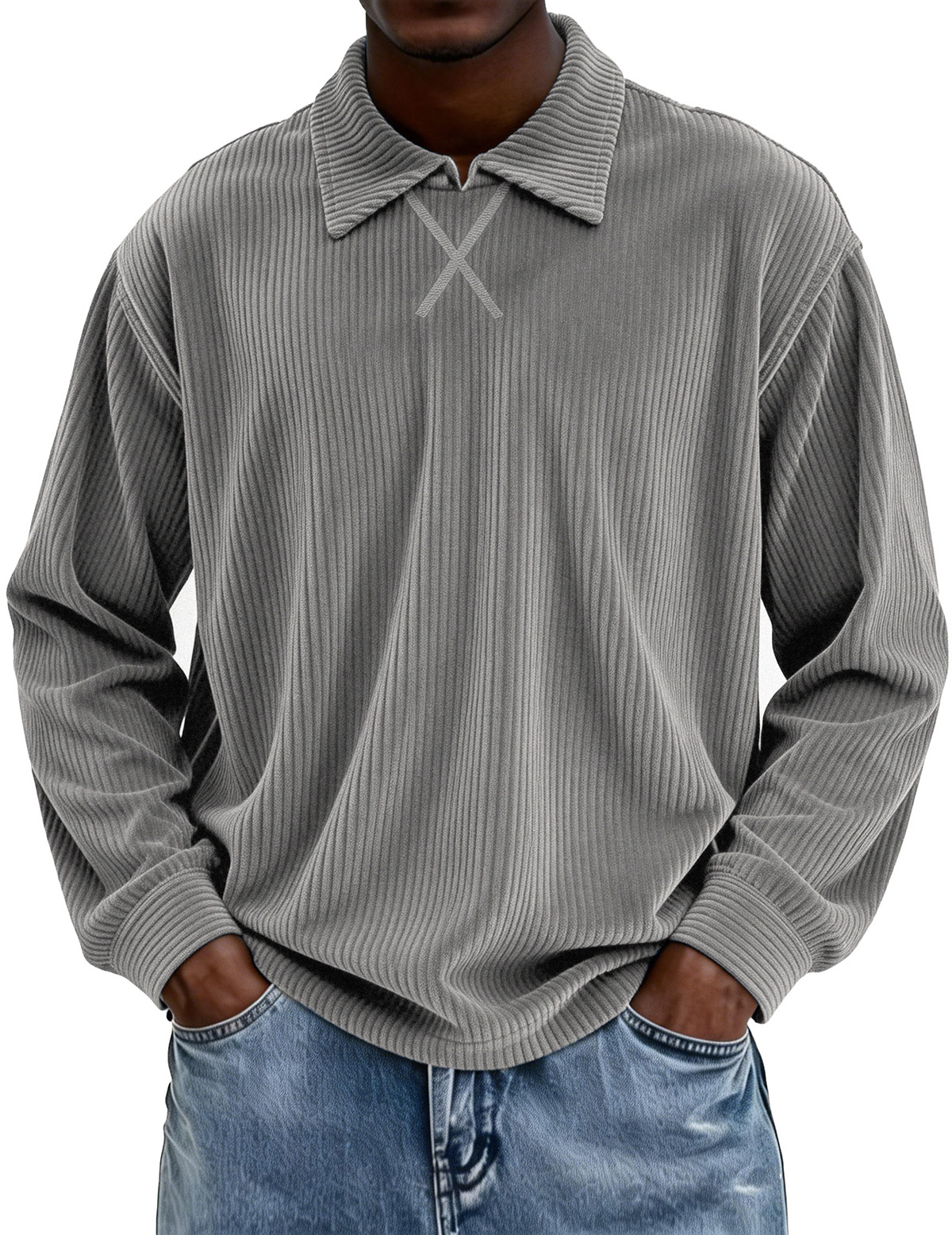 Retro-style Long-sleeved Collared Polo Shirt