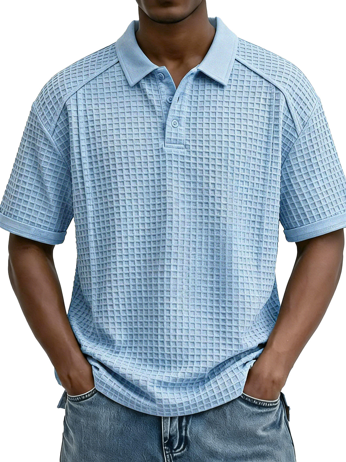 Men's Fashion Retro Waffle Fabric Collared Short-Sleeve Polo Shirt