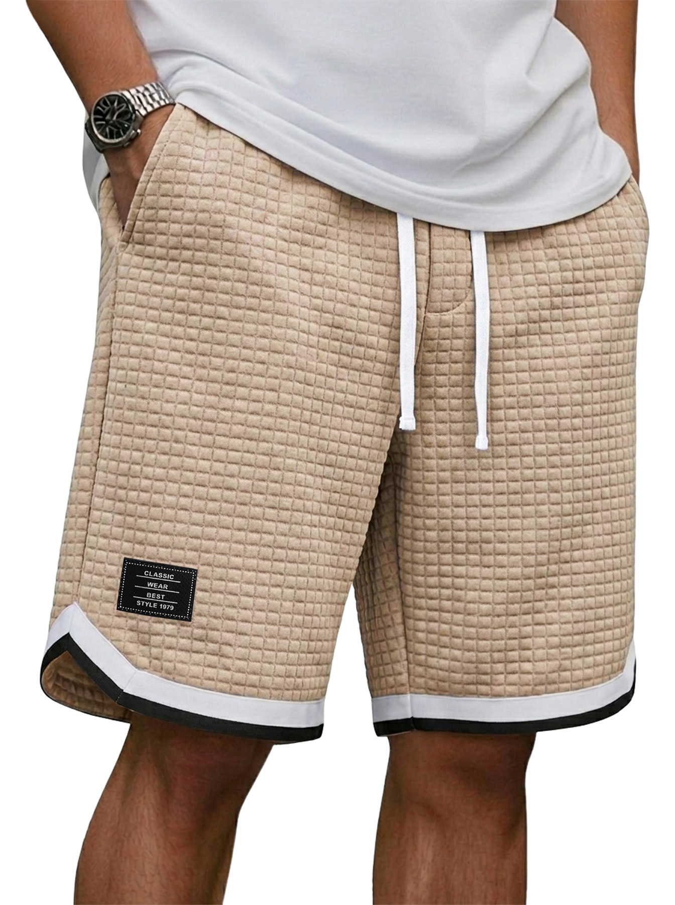 Men's Casual Waffle Knit Embroidered Logo Patchwork Webbing Loose Shorts