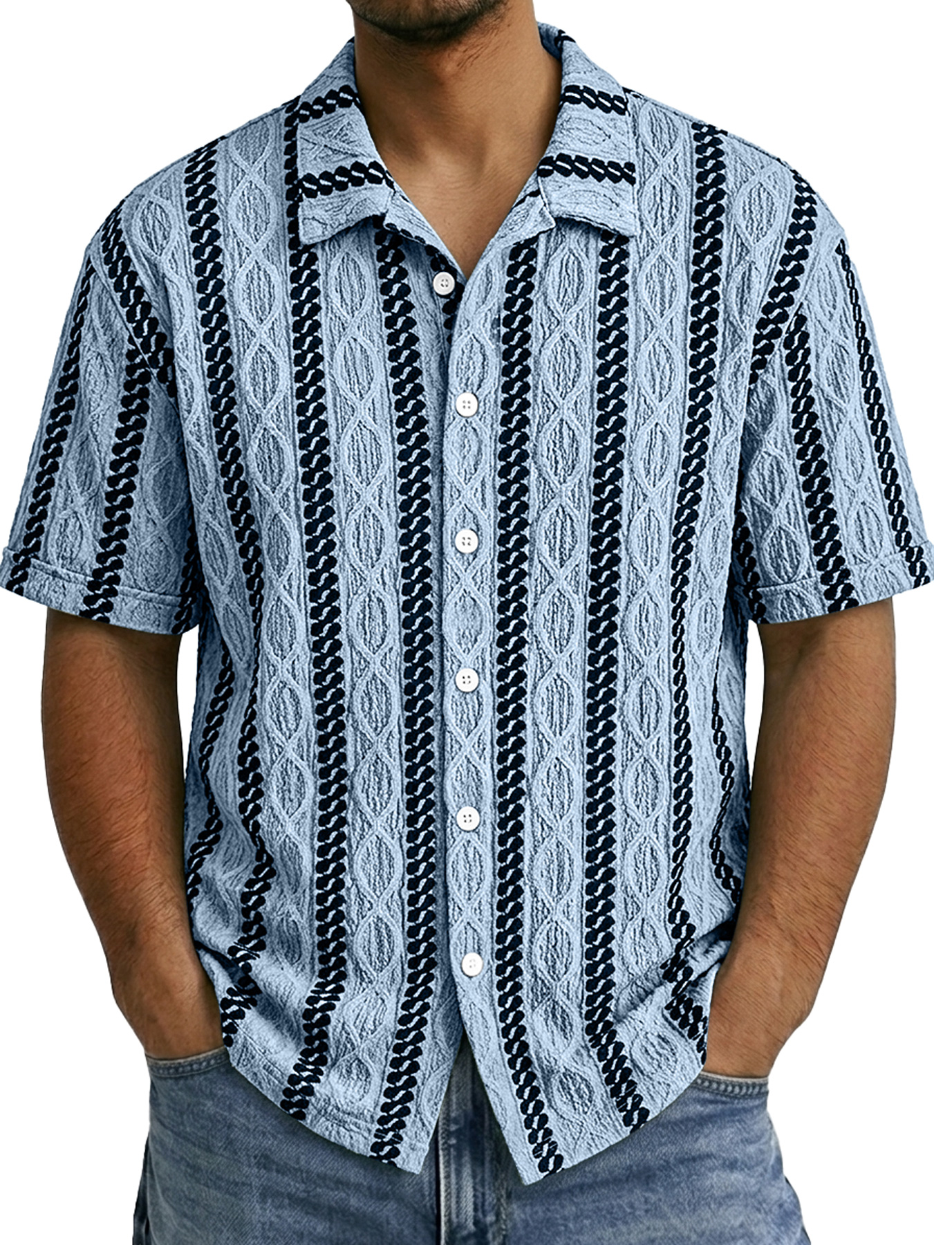Men's Casual Jacquard Textured Solid Color Short-Sleeve Shirt