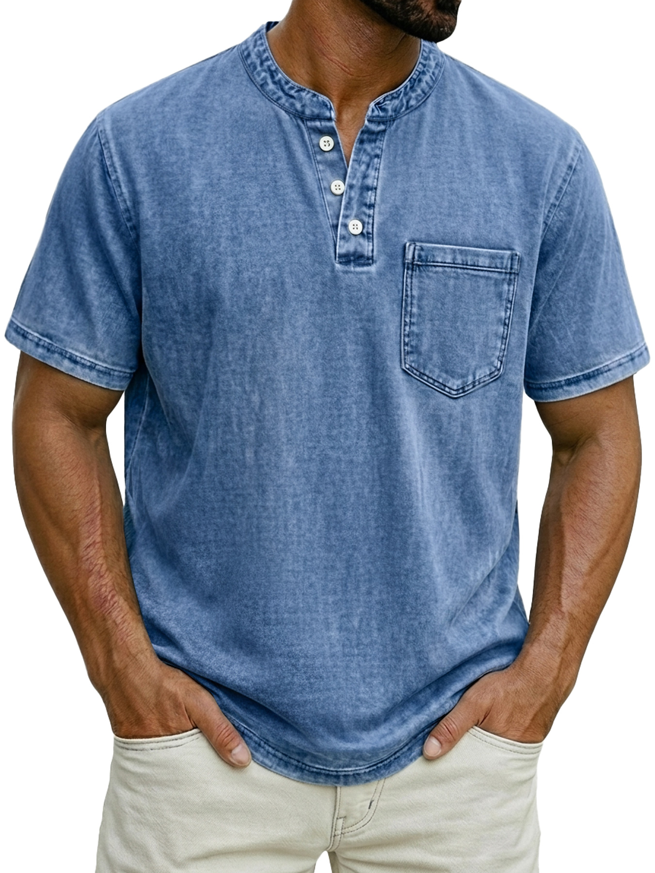Men's Casual Retro Stand Collar Button-Down Short Sleeve Henley Shirt