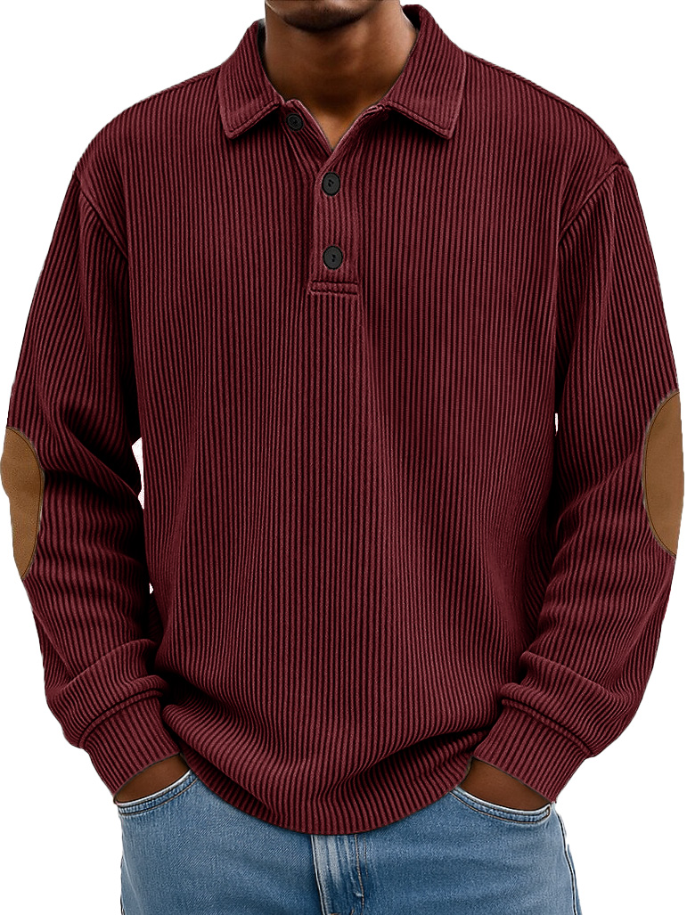 Men's Wear Fashionable Retro Stitching Pit Strip Long-sleeved Lapel Polo Shirt