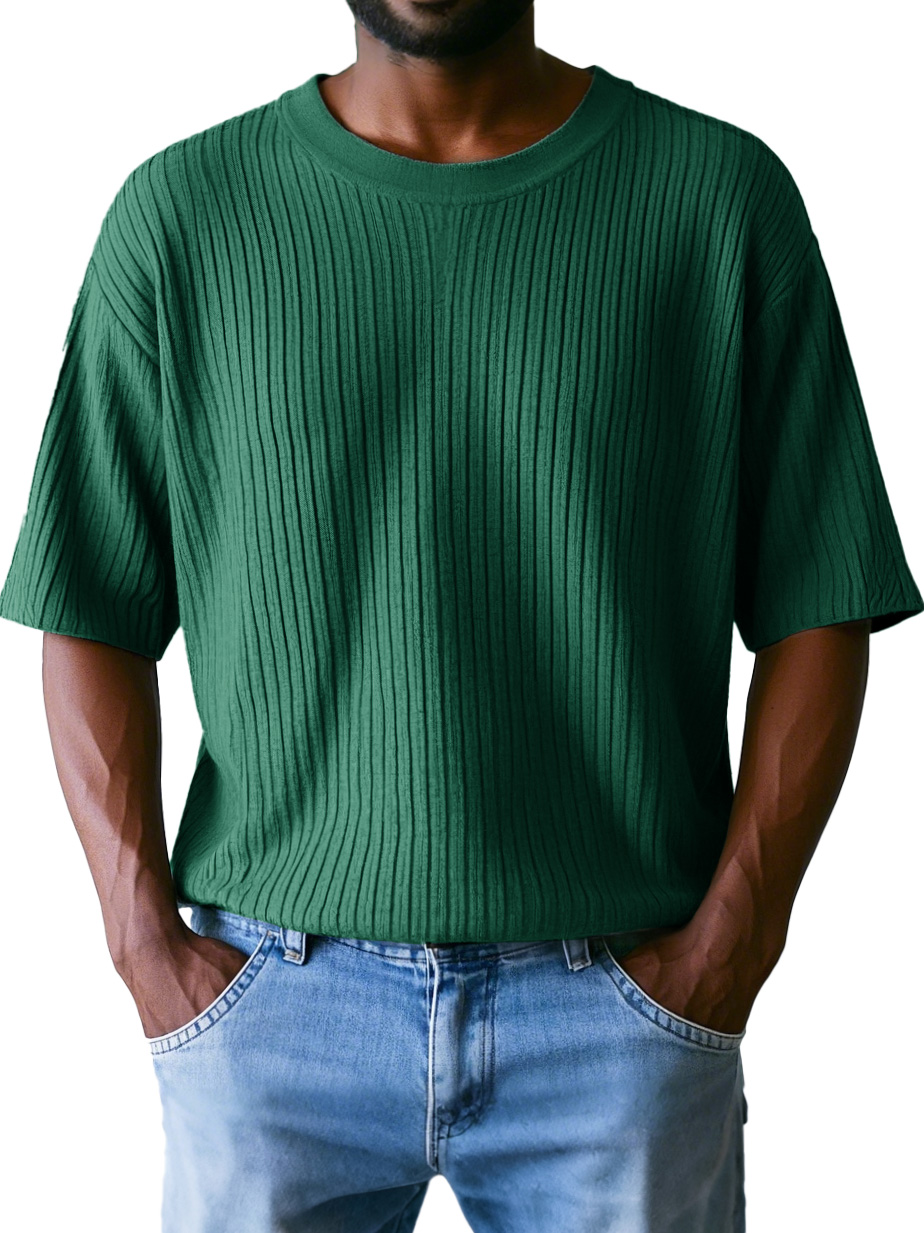 Men's Fashion Casual Ribbed Fabric Short-sleeved Round Neck T-shirt