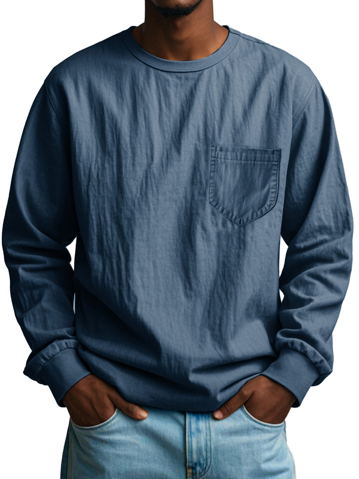 Men's Fashion Casual Pleated Round Neck Long Sleeve Pocket T-Shirt