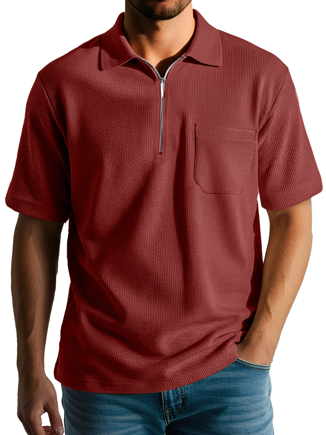 Men's Daily Casual Texture Lapel Zipper Comfortable Short-sleeved Polo Shirt