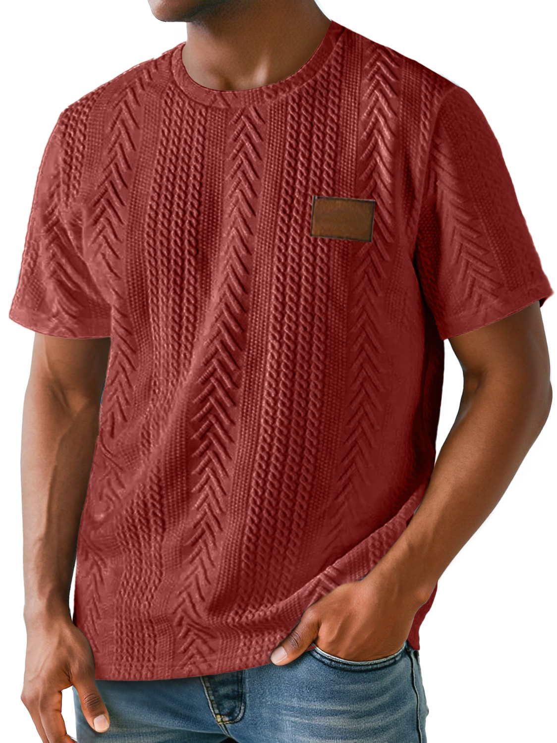 Men's Daily Round Neck Simple Texture Embroidered Label Casual Solid Color Short-sleeved T-shirt