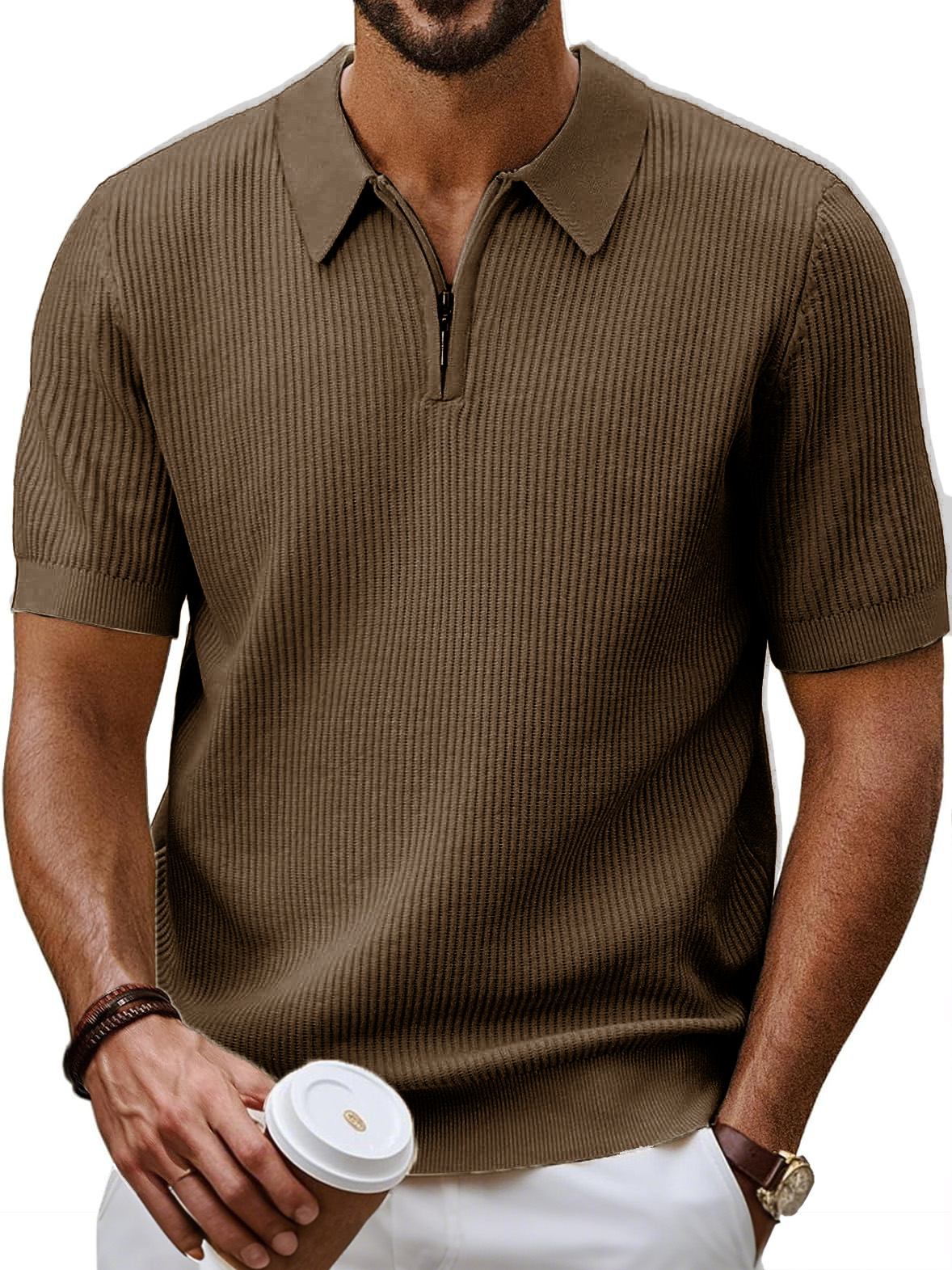Men's Fashion Daily Casual Ripstop Fabric Zipper Short-sleeved Polo Shirt