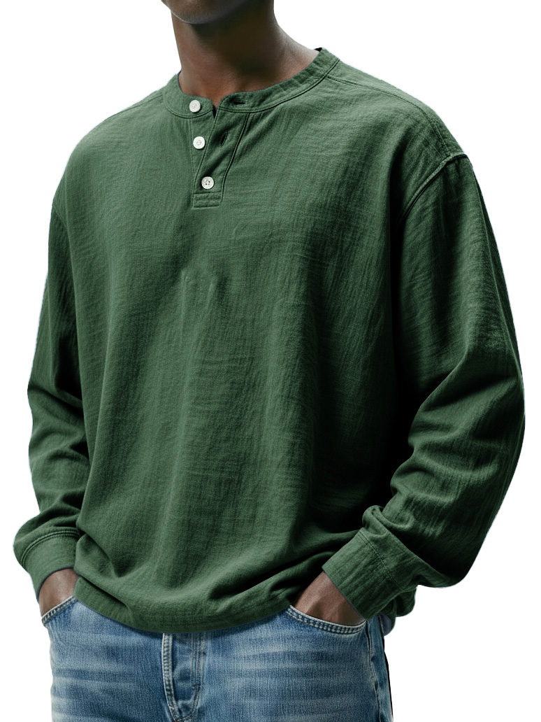 Men's Fashionable Casual Linen Fabric Long-sleeved Henley Shirt