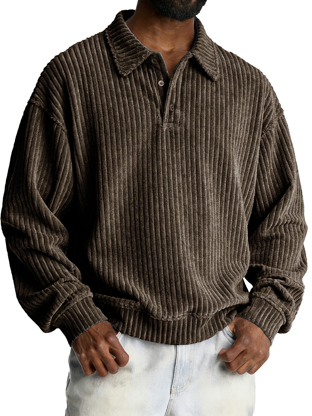 Fashionable Retro Loose Pit Strip Fabric Lapel Long-sleeved Polo Shirt