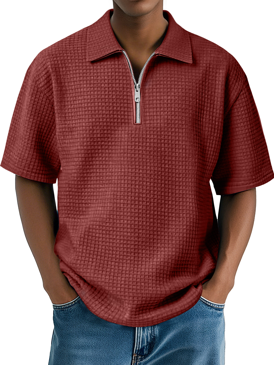 Men's Daily Waffle Lapel Zipper Casual Comfort Short Sleeve POLO Shirt