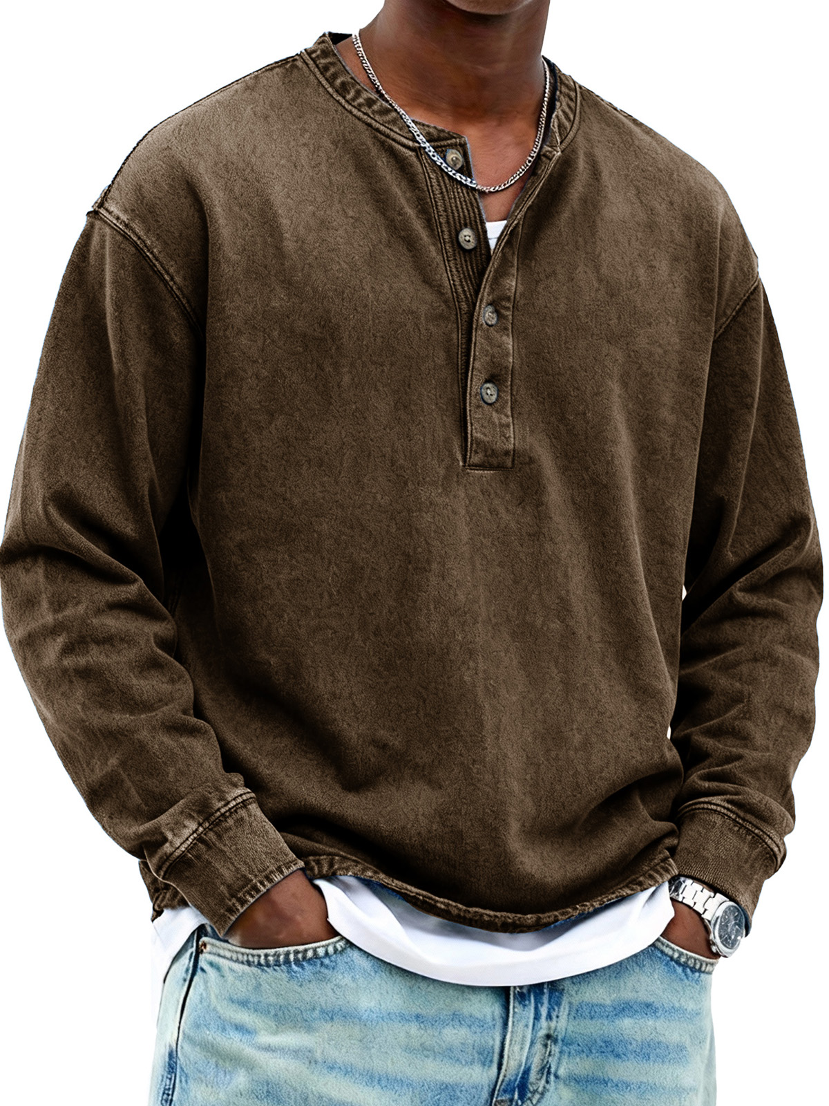 Men's Fashionable Retro Stand Collar Button-Up Long-Sleeved Henley Shirt