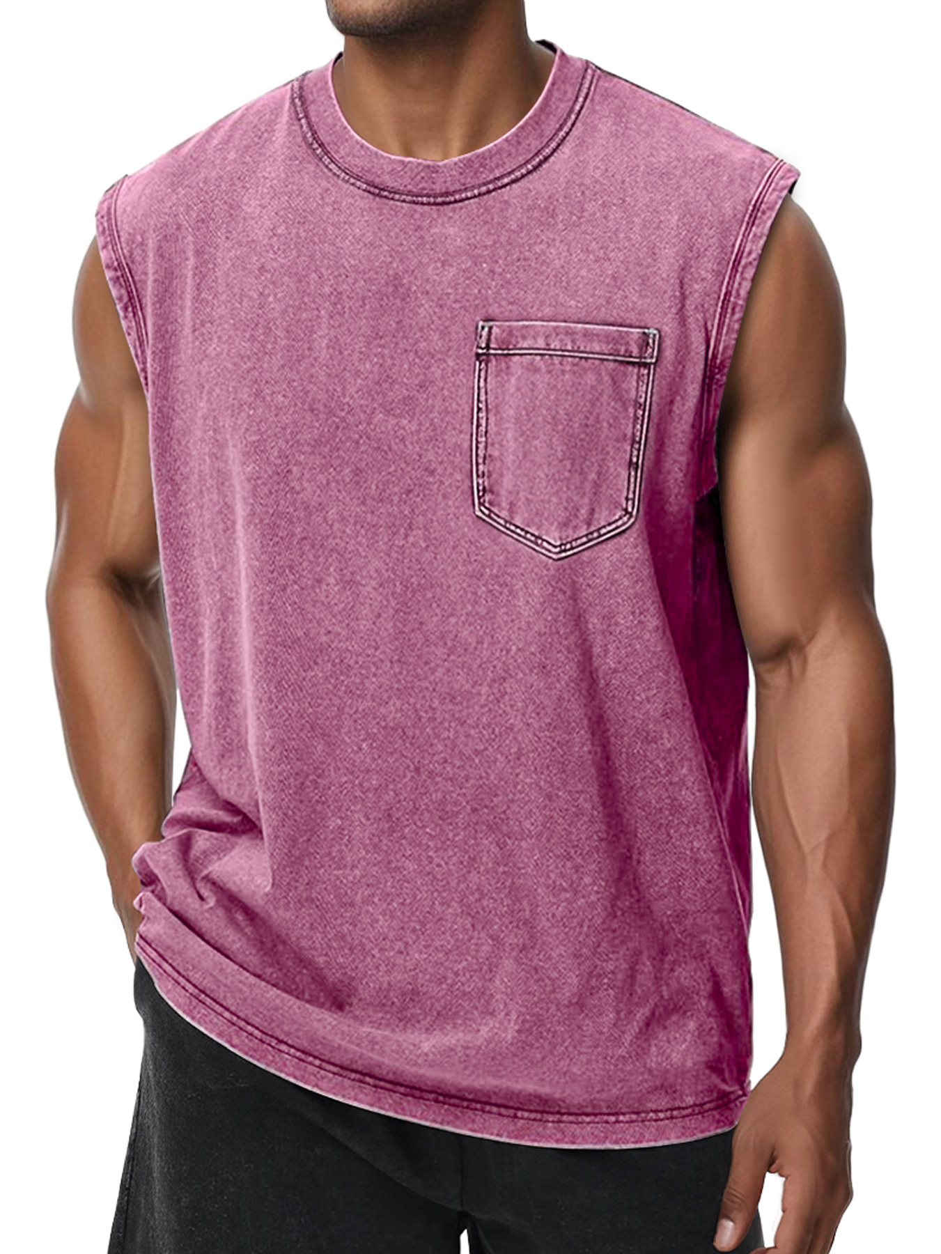 Men's Retro Washed Cotton Round Neck Pocket Casual Sleeveless Vest