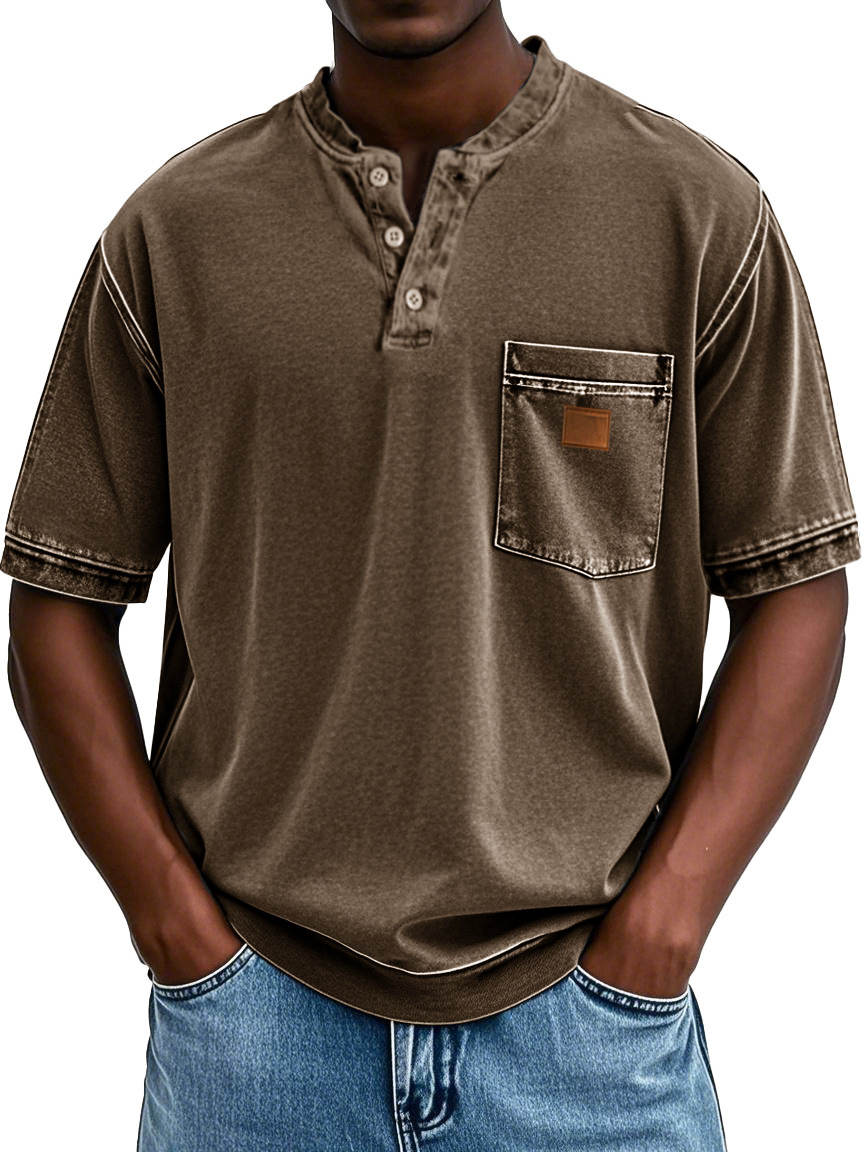 Men's Retro Distressed Embroidered Pocket Short-sleeved Henley Shirt