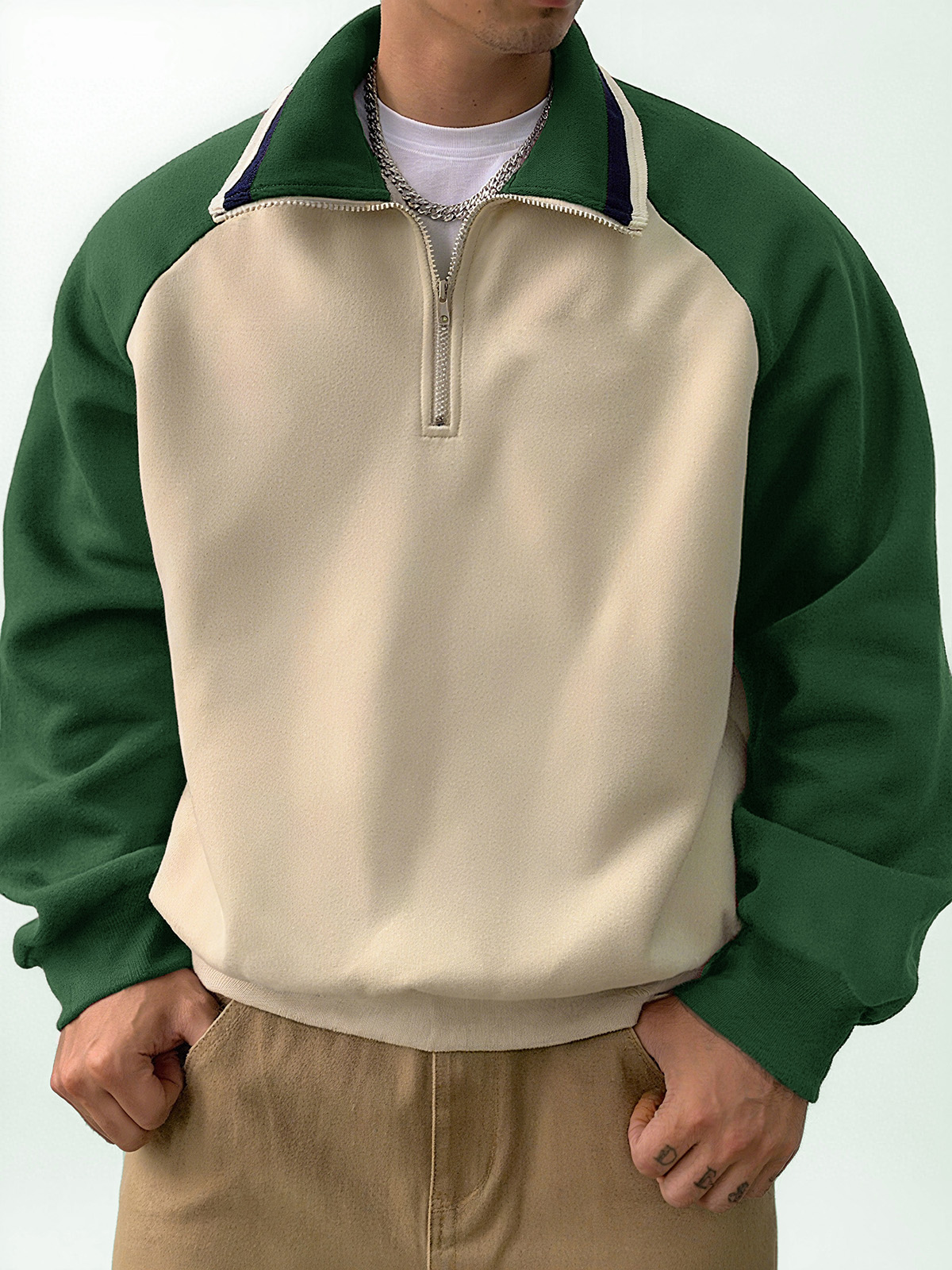 Men's Stylish Retro Patchwork Zippered Loose-fitting Long-sleeved Sweatshirt