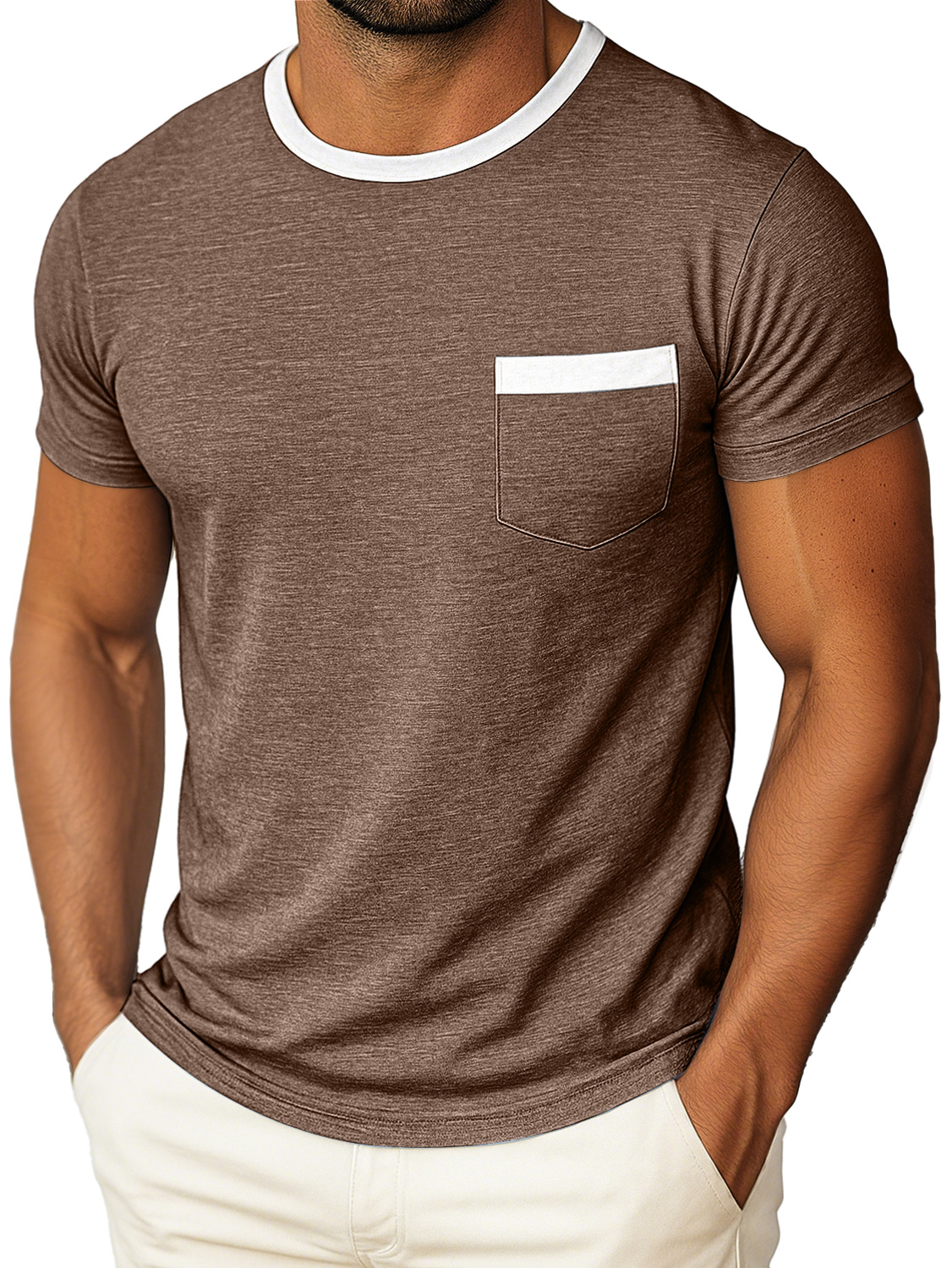 Men's Daily Round Neck Color Matching Pocket Casual Short Sleeve T-shirt
