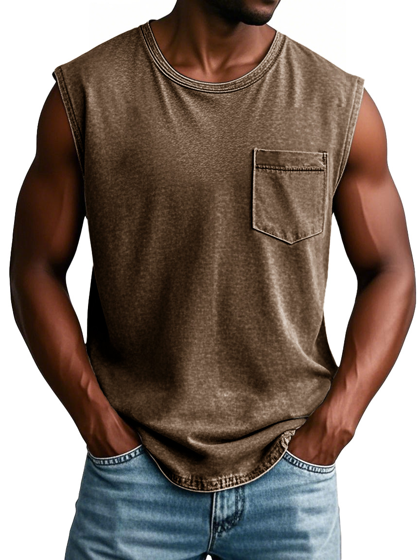 Men's Fashion Retro Round Neck Sleeveless Pocket T-shirt