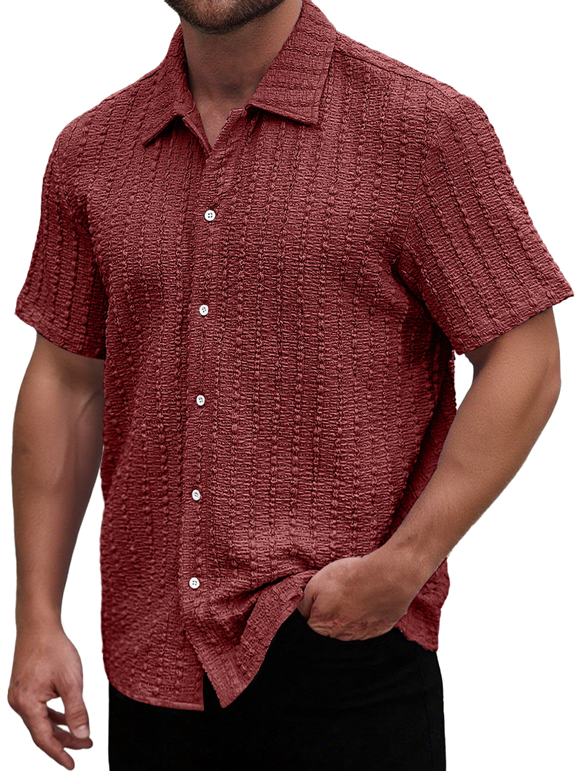 Men's Casual Textured Lapel Solid Color Short-sleeved Shirt