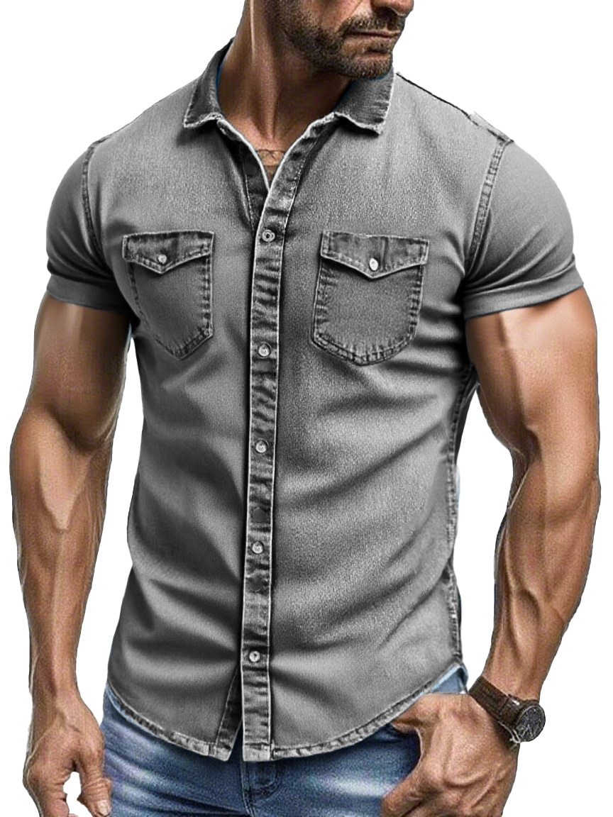 Men's Fashion Retro Workwear Outdoor Double Pocket Lapel Short-sleeved Shirt