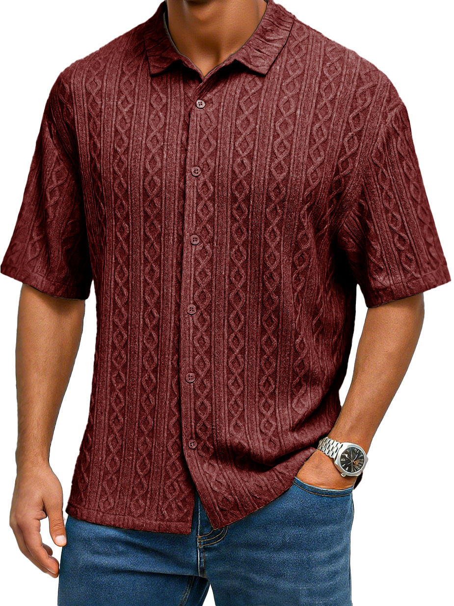 Men's Fashion Casual Jacquard Fabric Lapel Short-sleeved Shirt
