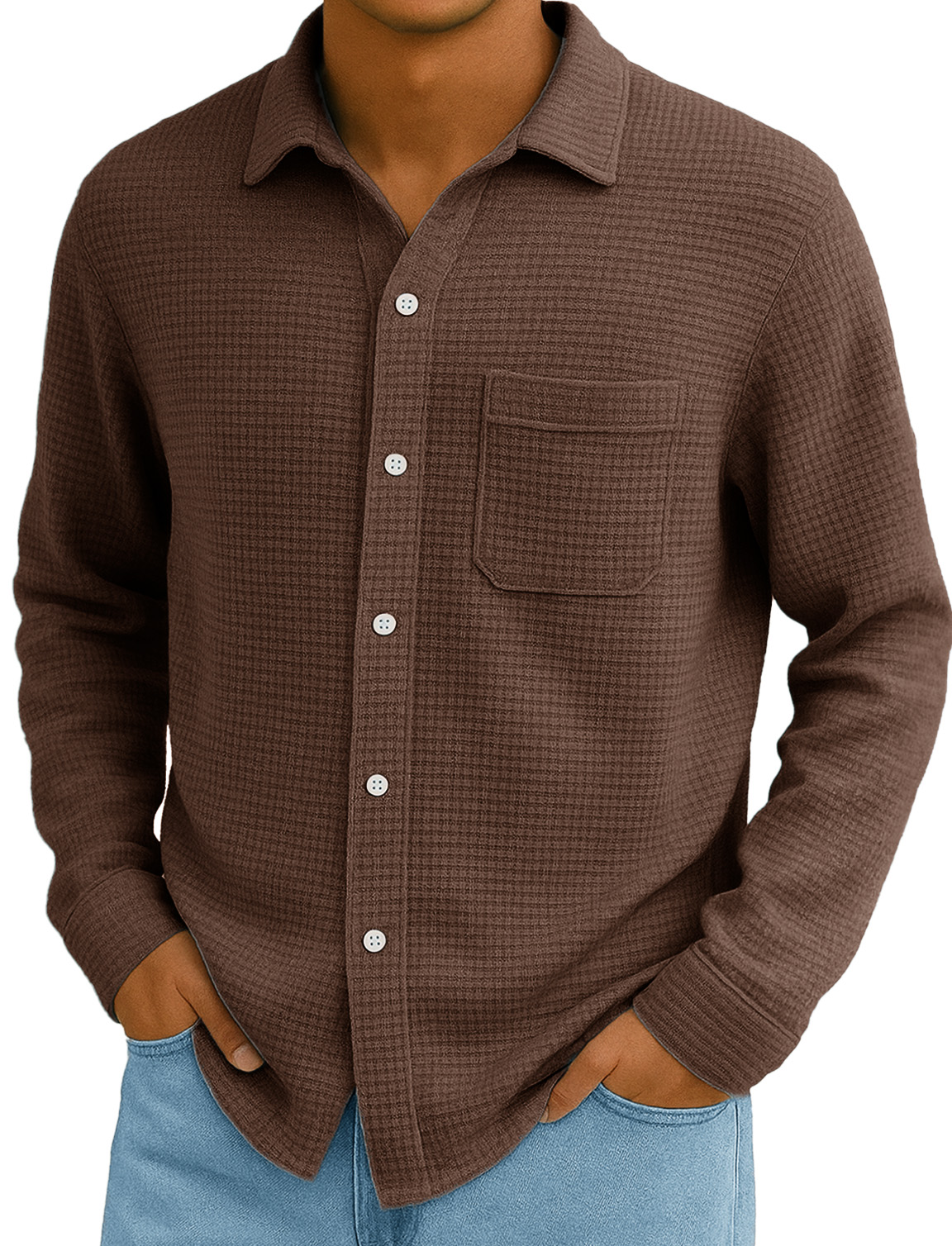 Men's Stylish Everyday Casual Waffle Fabric Pocket Lapel Long-sleeved Shirt