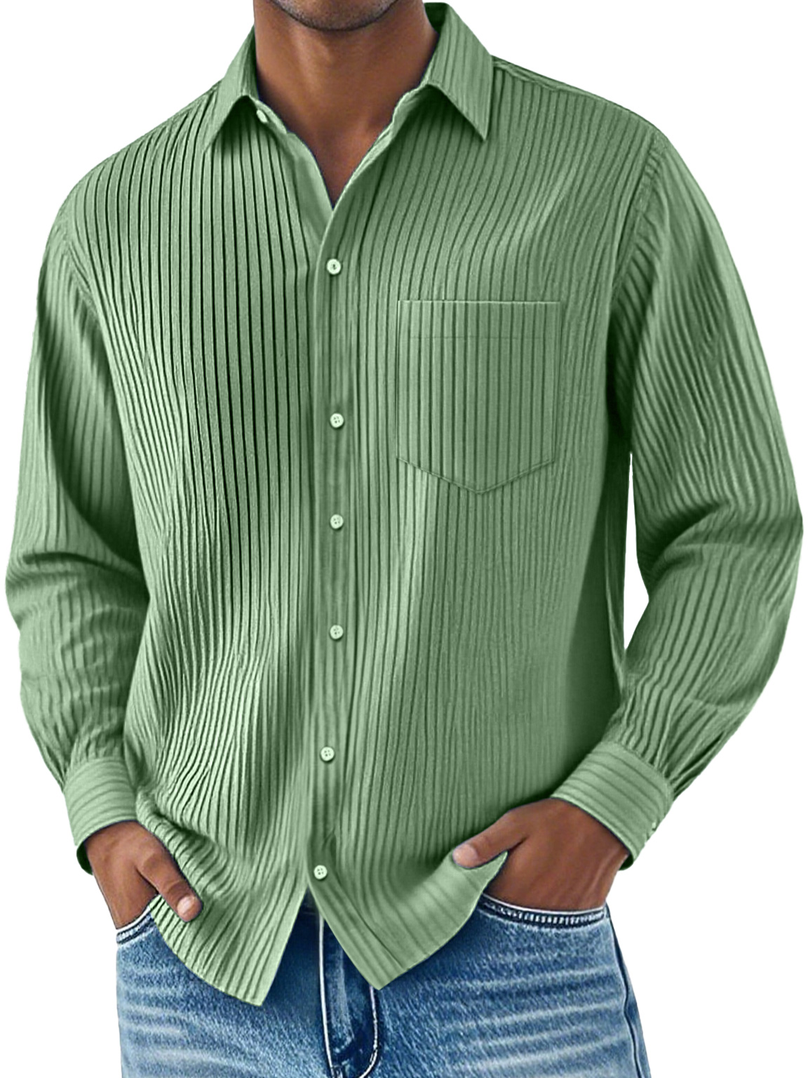 Men's Daily Ribbed Lapel Pocket Casual Long Sleeve Shirt