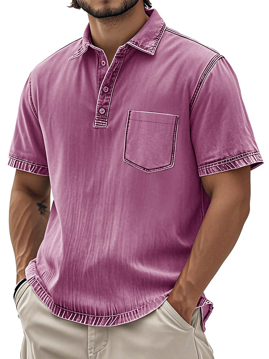 Men's Fashion Retro Washed Cotton Lapel Pocket Polo Shirt