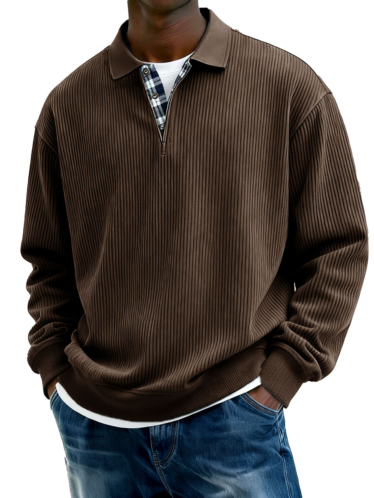 Men's Stylish Everyday Plaid Placket Patchwork Ribbed Fabric Long-sleeved Polo Shirt
