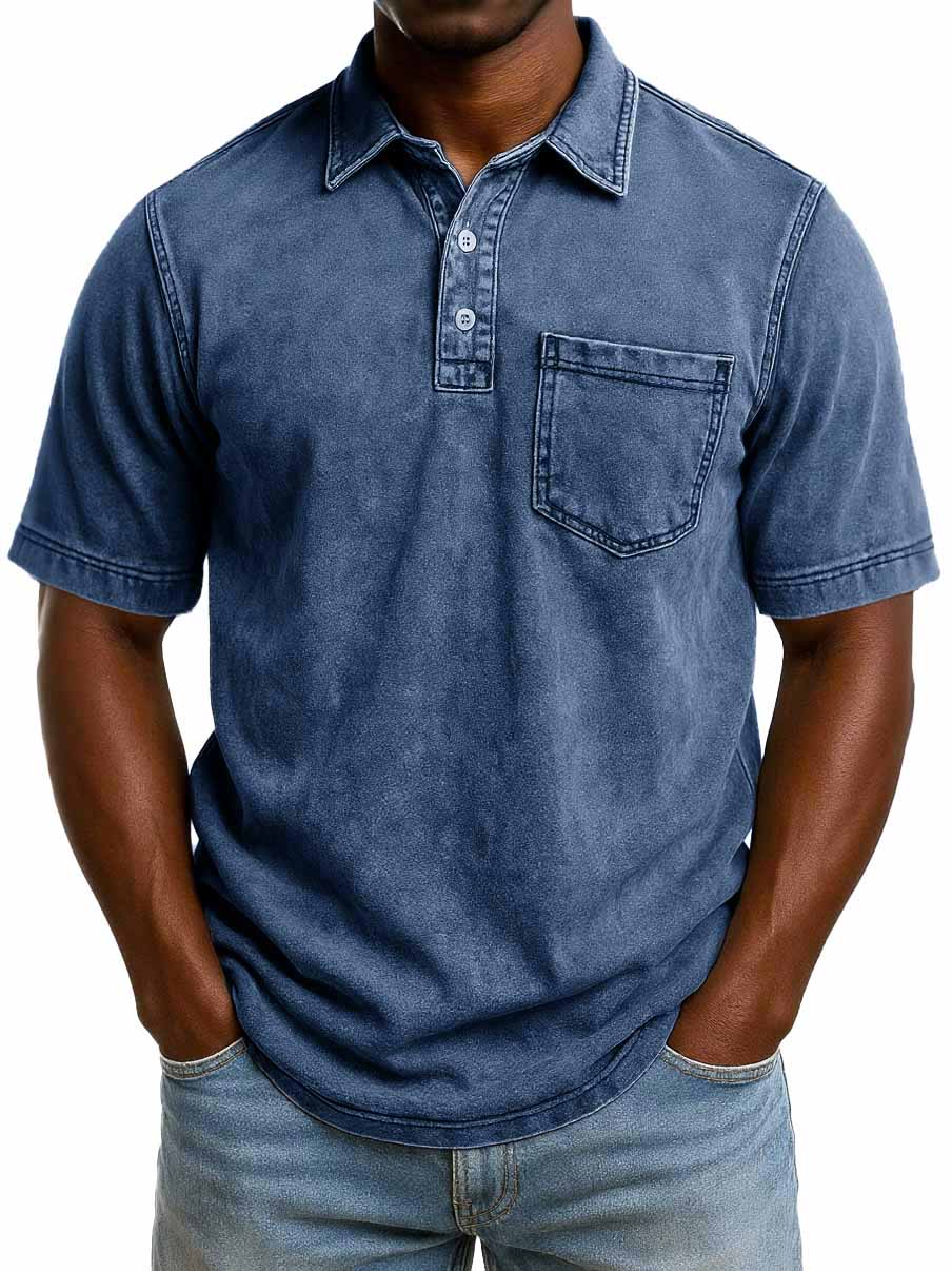 Men's Fashion Casual Retro Washed Short-sleeved Lapel Pocket Polo Shirt