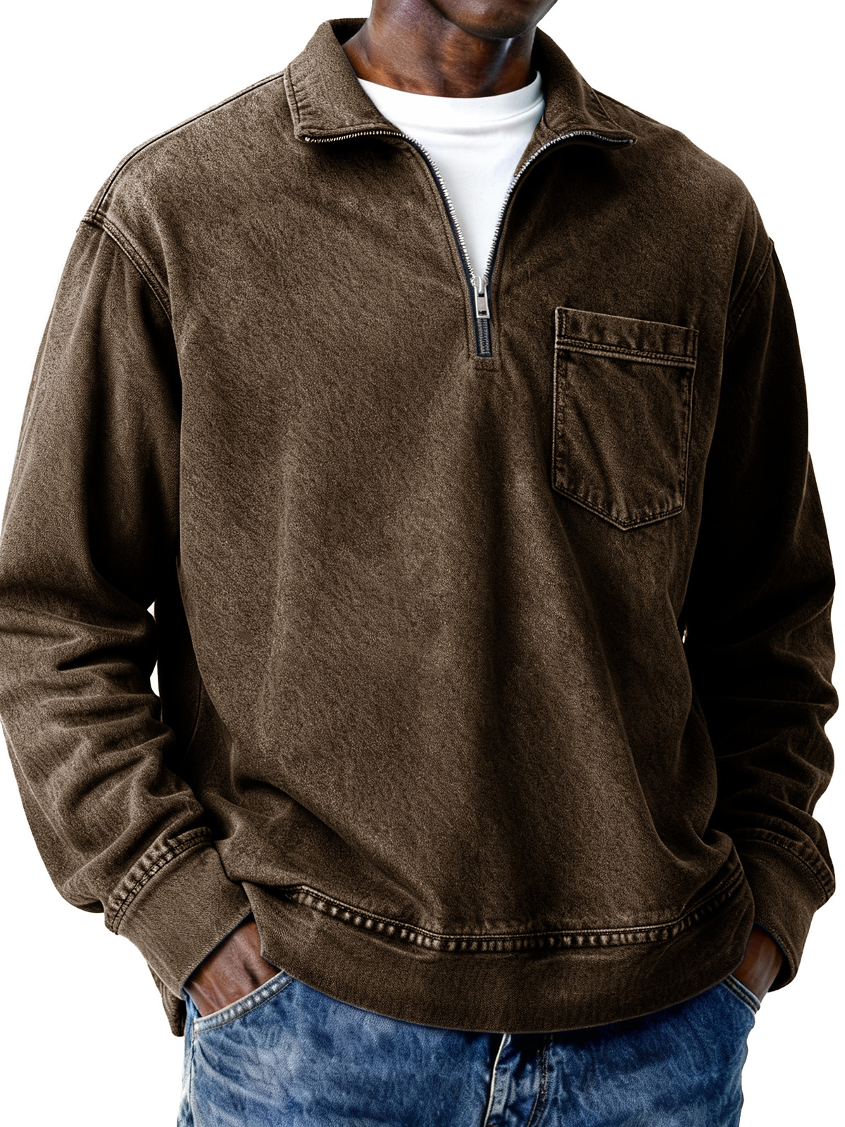 Men's Retro Distressed Zipper Loose Long-Sleeve Polo Shirt